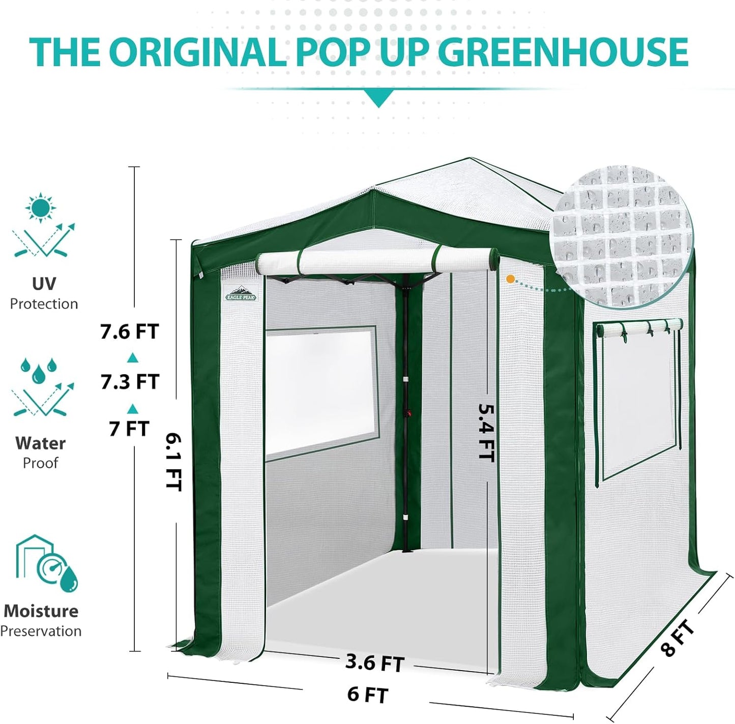 EAGLE PEAK 8x6 Portable Walk in Greenhouse with Polyester Reinforced Corners, Instant Pop Up Indoor Outdoor Gardening Green House, Roll Up Zipper Entry Doors and Mesh Windows, Green/White