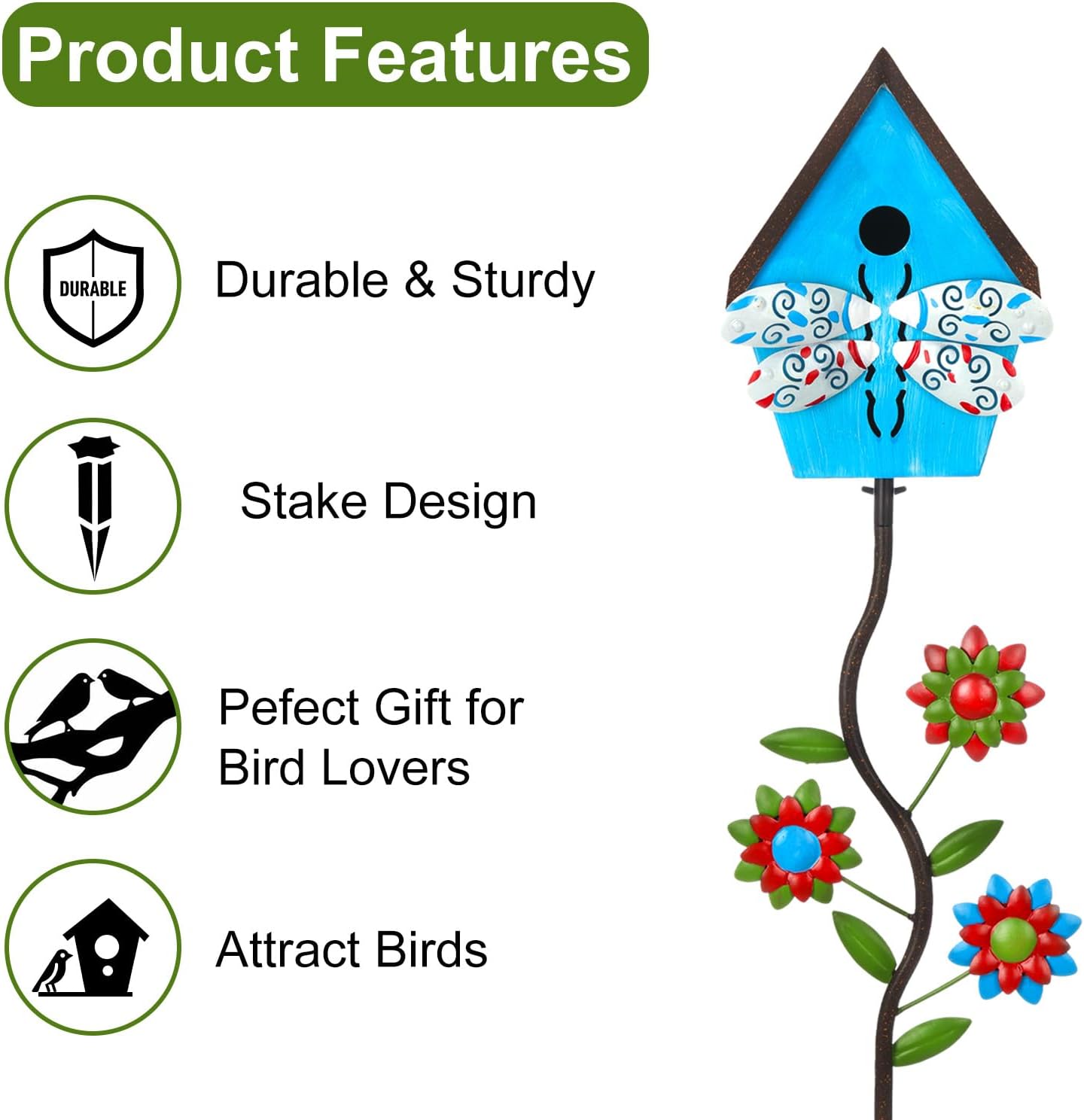 51” Bird Houses Stake for Outside, Metal Wild Bird Feeder Birdhouse Stake Pole with Dragonfly Design Outdoor Decorations for Patio, Backyard, Garden