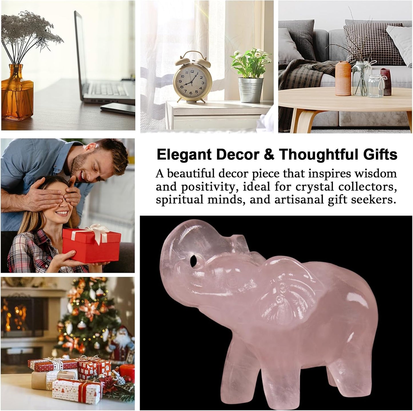 2 Inch Rose Quartz Crystal Elephant Sculpture Handcrafted Healing Stone Animal Figurine Spiritual Home Decor Lucky Charm Gift for Wealth Success Positive Energy and Meditation Lovers