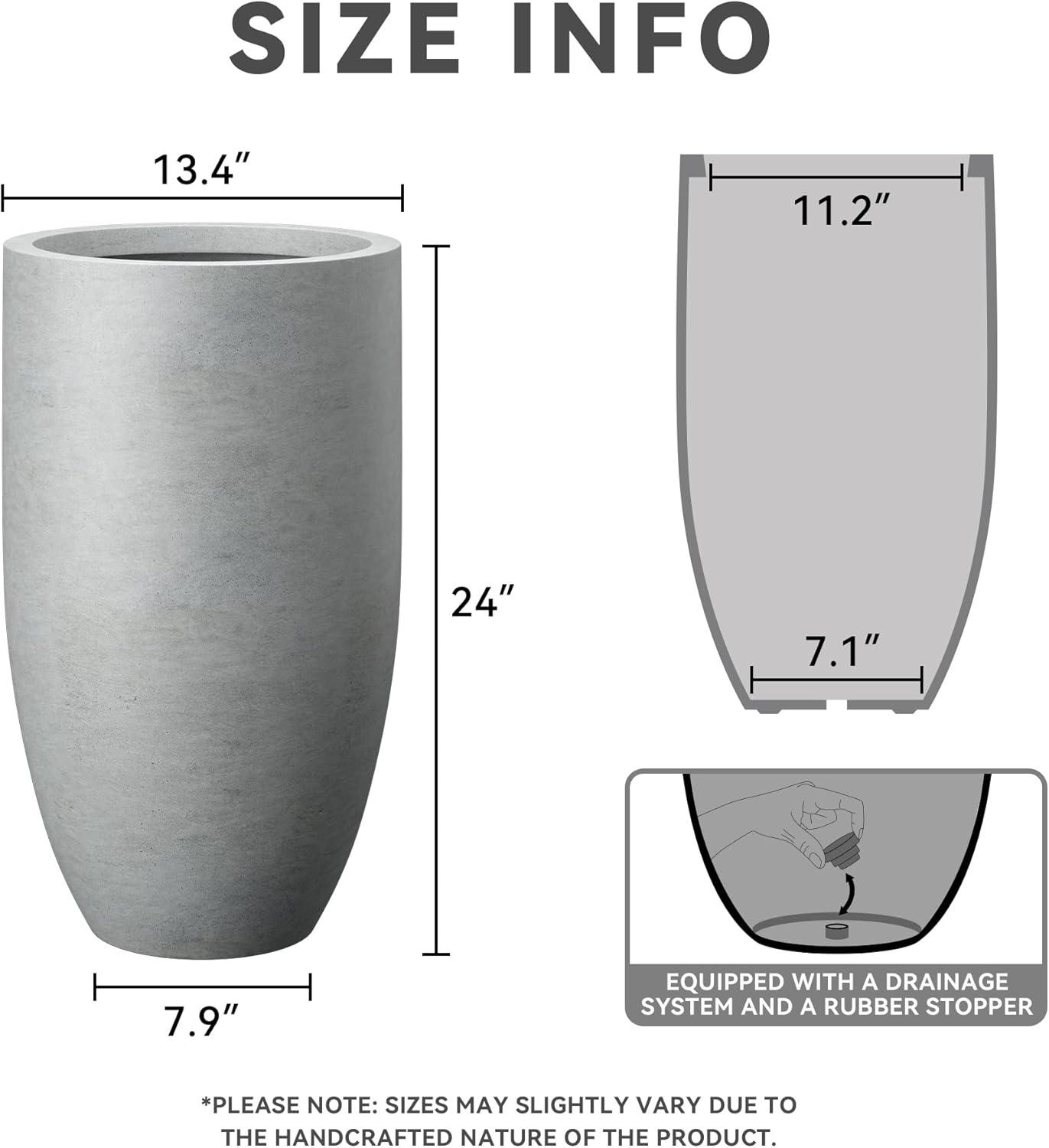 Kante 24 Inch Tall Round Concrete Planter, Large Indoor Outdoor Plant Pots with Drainage Hole and Rubber Plug, Modern Decorative Garden Pots for Home Patio Porch, Natural Concrete