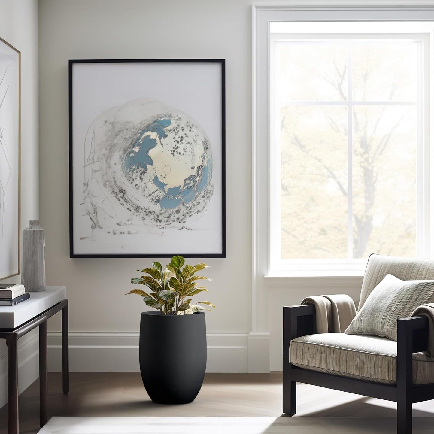 Kante 16.5 Inch Tall Concrete Planter, Large Indoor Outdoor Plant Pot with Drainage, Smooth Black Finish with Warm Brown Interior, Ideal for Porch, Home, Garden, Patio