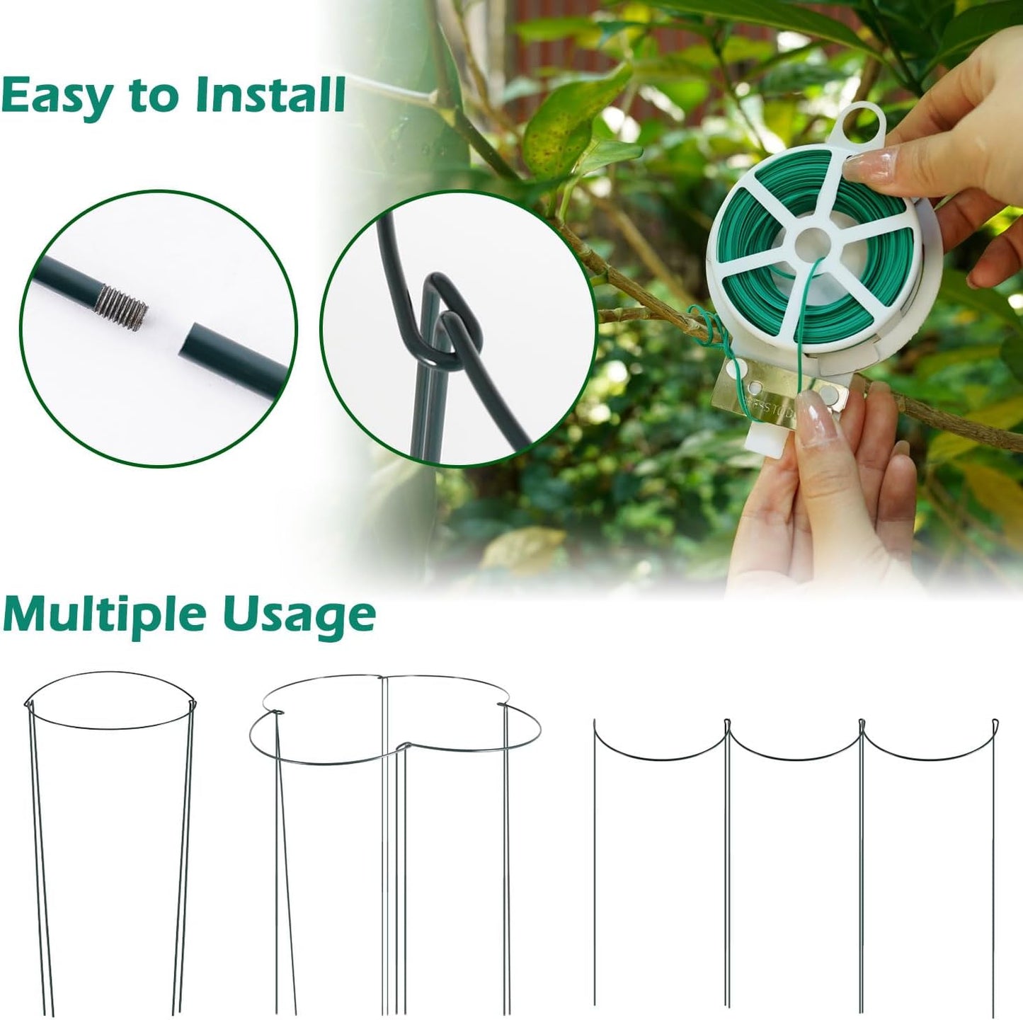 32 inch Plant Support Stakes, 10 Pack Half Round Metal Garden Plant Stake Heavy-Duty Plant Support Ring and Cage with Plant Clip & Twist Tie for Indoor and Outdoor Plants, Vegetable, Flowers