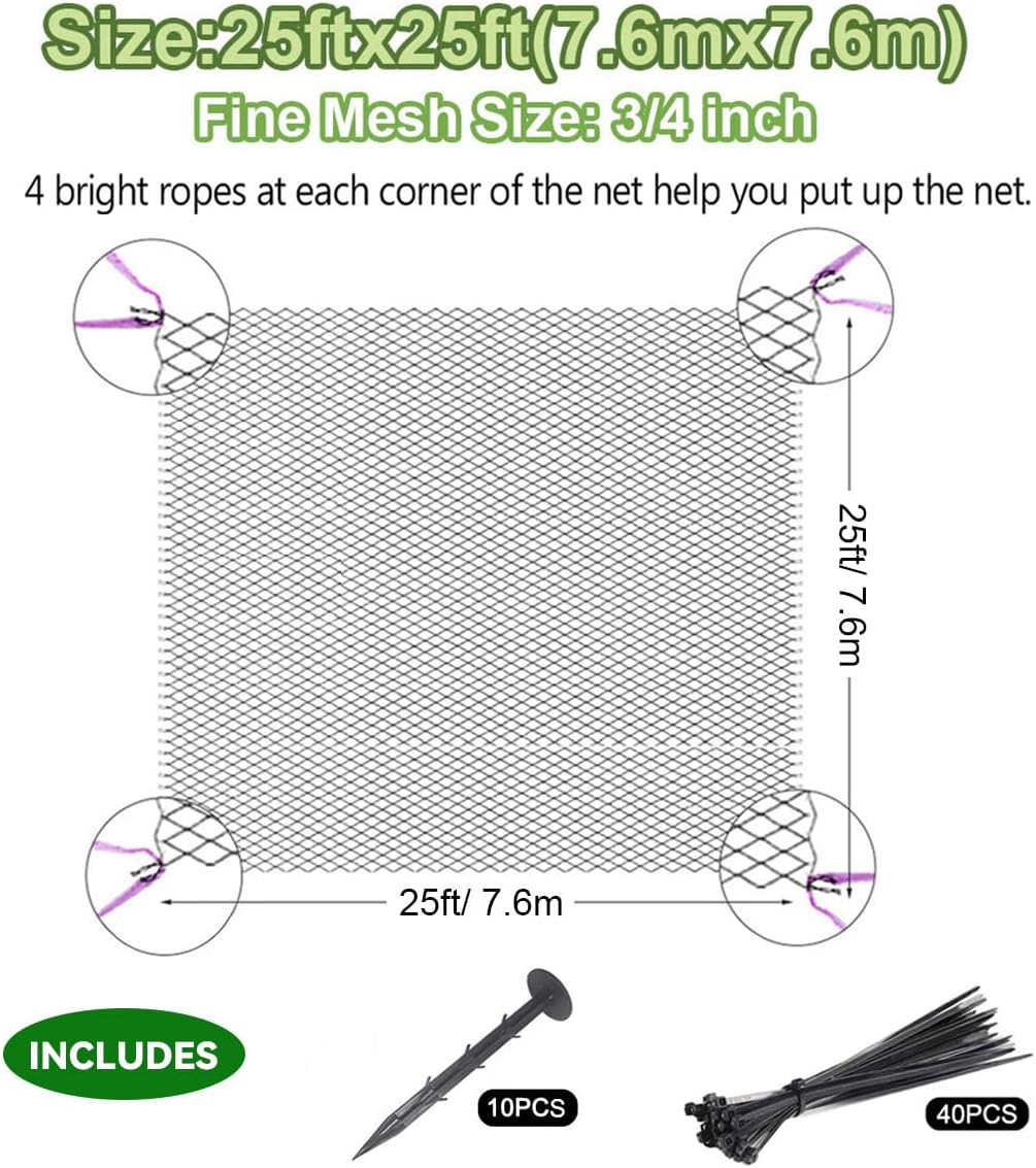 OGORI 25' x 25' Bird Netting Heavy Duty Nylon 3/4" Mesh Garden Netting Protect Fruit Trees, Plants and Vegetables