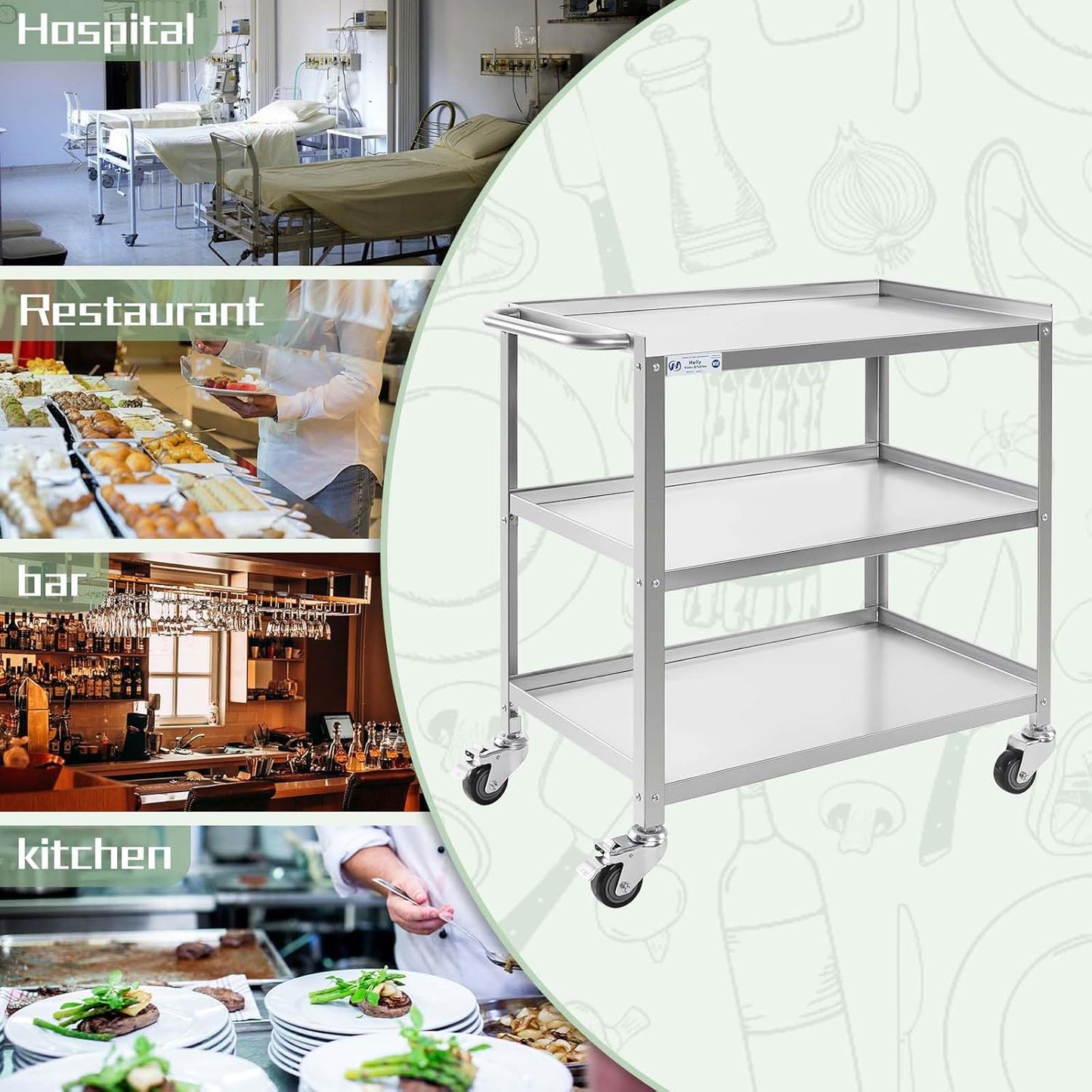 Hally Stainless Steel Utility Cart 3 Tier NSF Commercial Heavy Duty Metal Mobile Food Rolling Cart with Handle and Wheels for Kitchen, Restaurant, Hospital, Laboratory and Home, 31" L x 19" W x 34" H
