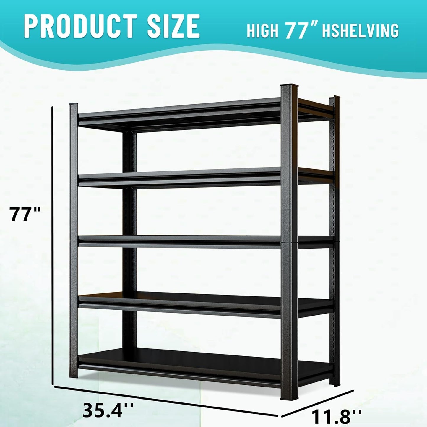 Heavy Duty 5-Tier Shelving Unit 2500LBS Capacity - Adjustable Steel Garage Shelves for Warehouse, Basement Storage(35.4''W×11.8''D×77''H)