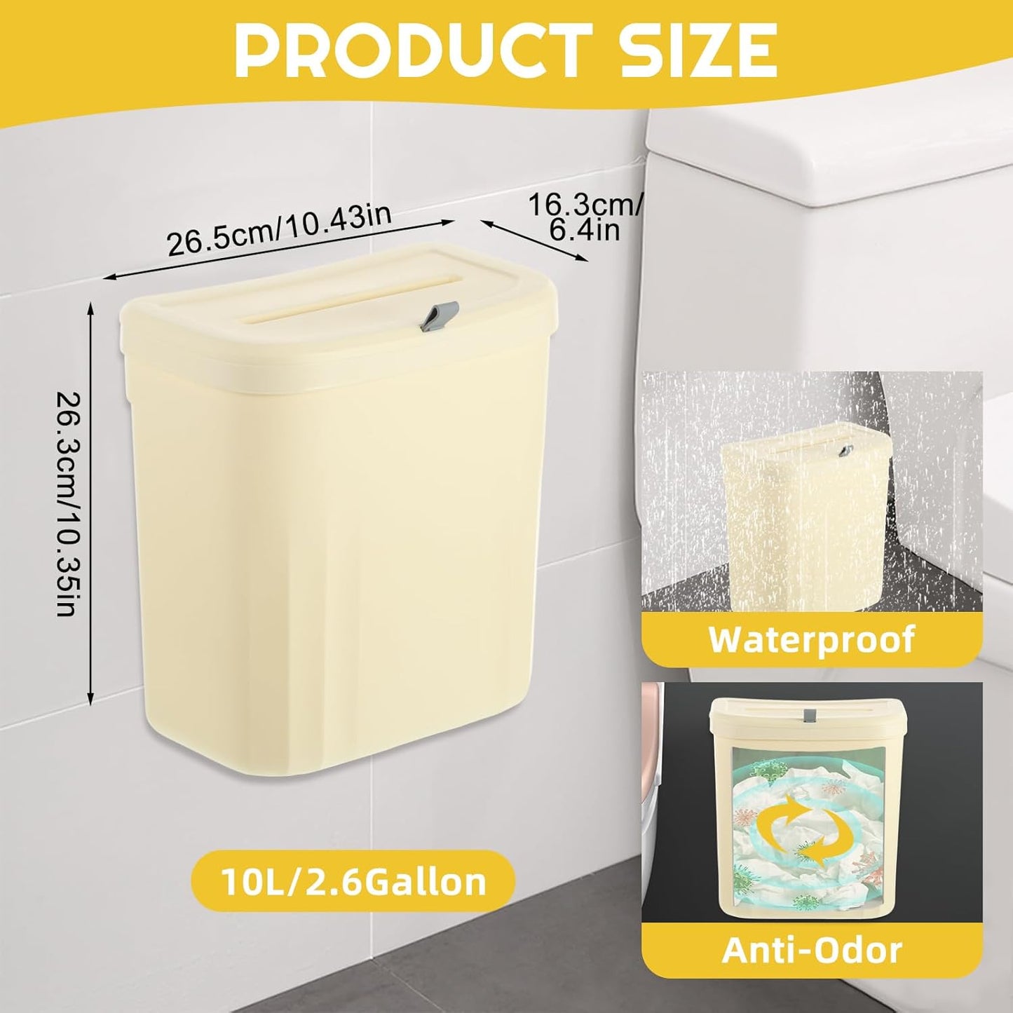 3 Pack Hanging Trash Can with Lid, 10L/2.6 Kitchen Compost Bin for Under Sink or Counter Top, Wall Mounted Home Plastic Waste Basket Garbage Can for Cupboard/Bathroom/Bedroom/Office/Camping (Cream)