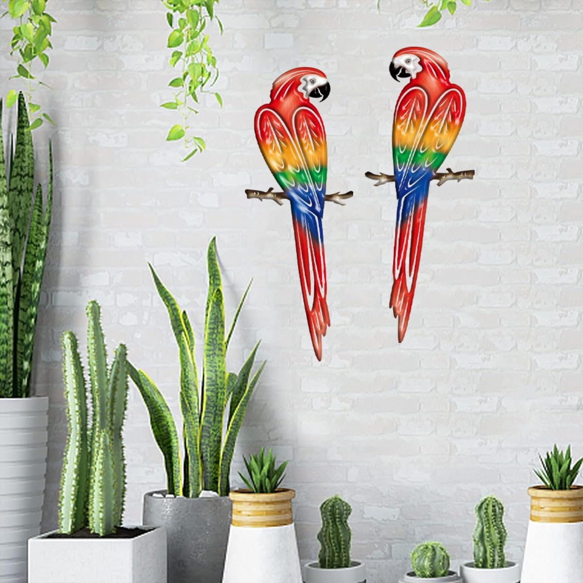 Metal Outdoor Wall Art Decor,3D Colorful Garden Birds Sculpture Outdoor Iron Hanging Parrot Decor, Metal Hand-Made Bird Wall Art Decorations for Fence Patio Balcony Living Room