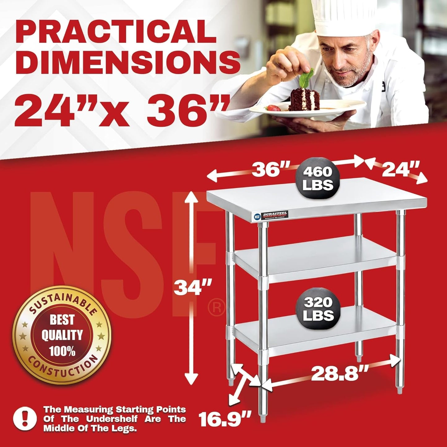 DuraSteel Food Prep Stainless Steel Table - 24 x 36 Inch Commercial Metal Workbench with Adjustable Under Shelf - NSF Certified - for Restaurant, Warehouse, Home, Kitchen, Garage