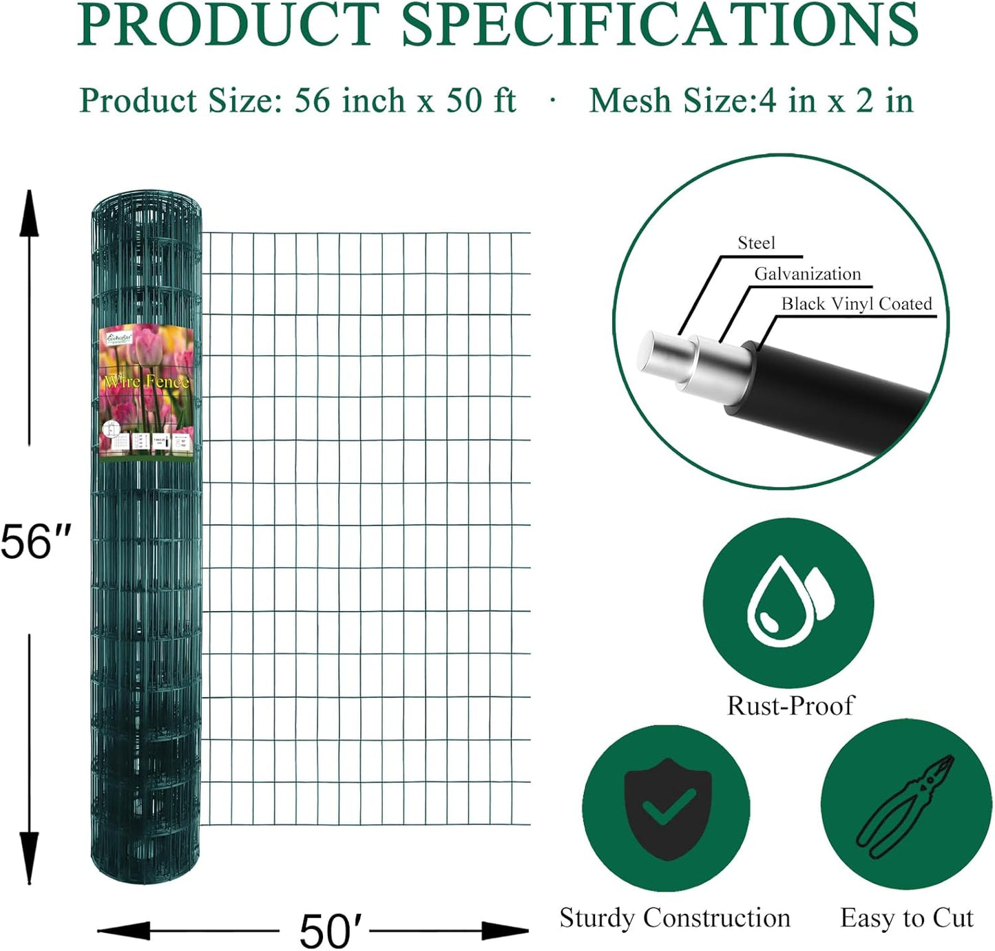 Green PVC Coated Welded Wire Fence 56 Inch x 50 Foot, 2 Inch x 4 Inch 14GA, Garden Border Fencing Roll Vinyl Coating Metal Wire Mesh Hardware Cloth for Yard Vegetable Plant Protection