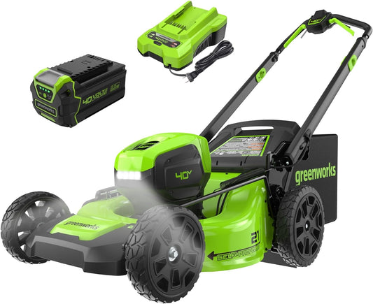 Greenworks 40V 21" Brushless Cordless (Self-Propelled) Lawn Mower (LED Headlight + Aluminum Handles), 5.0Ah Battery and Charger Included (75+ Compatible Tools)