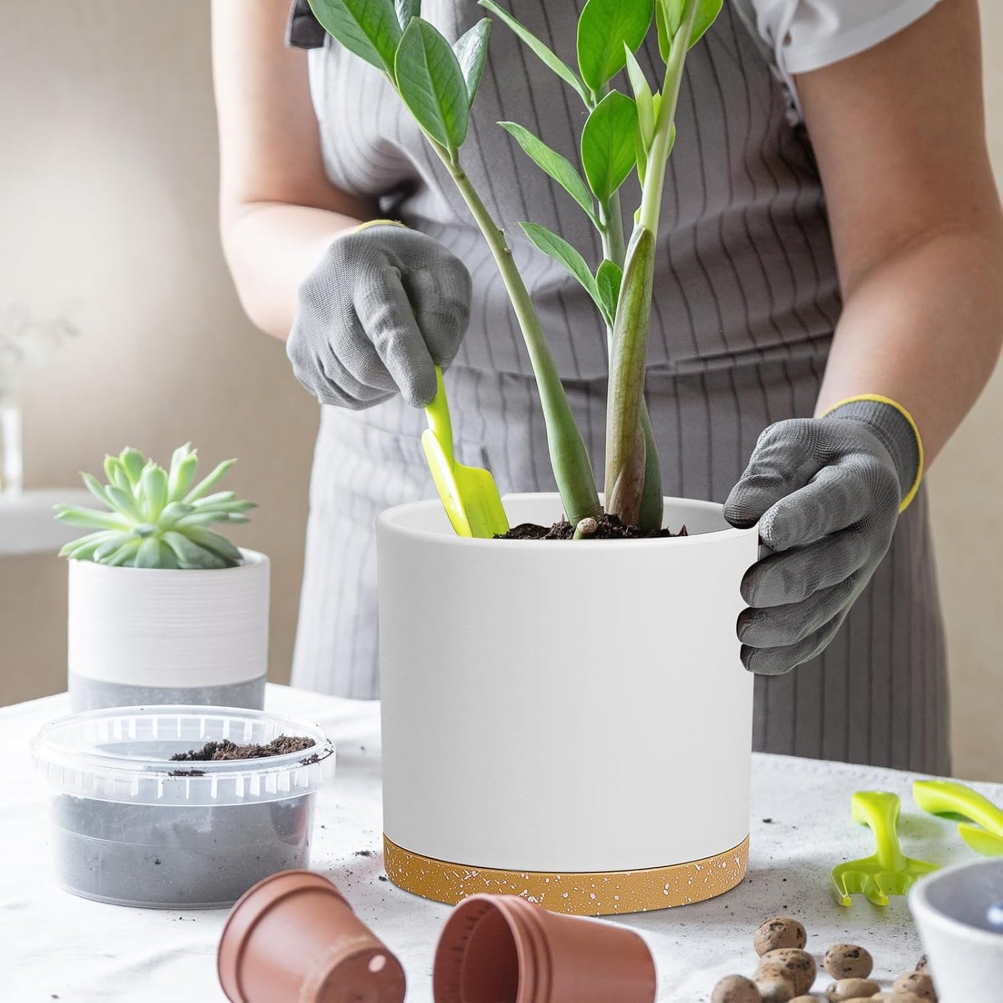 12 Inch Large Deep Plant Pots for Outdoor Indoor Plants, Tall Cylinder Flower Pots with Drainage Holes and Saucer, Big Decorative Plastic Planter Pots for Garden House Plants, White with Brown