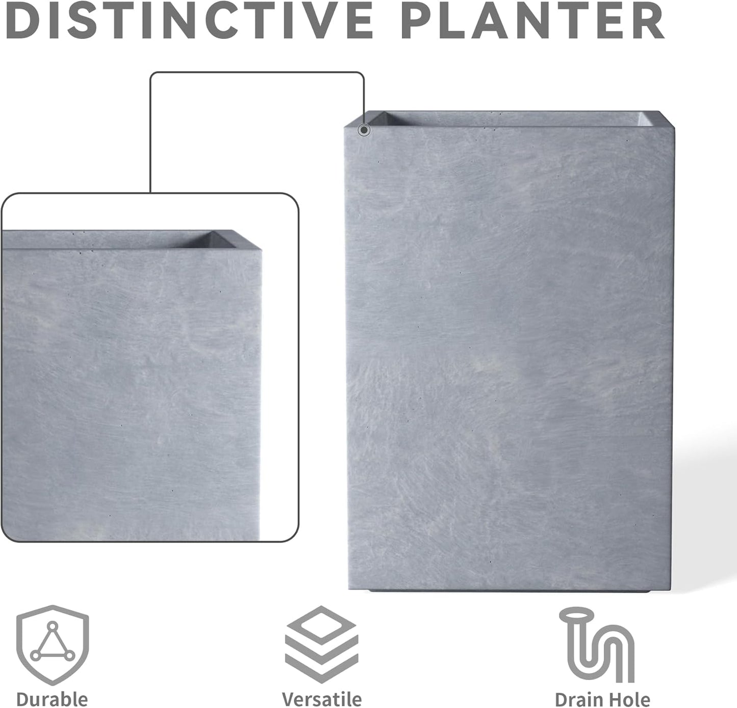 Kante 18.5",15.7",12.6" H Tall Rectangular Concrete Planters Set of 3, Outdoor Indoor Lightweight Plant Pots with Drainage Hole and Rubber Plug, Modern Style for Home Garden Patio, Slate Gray