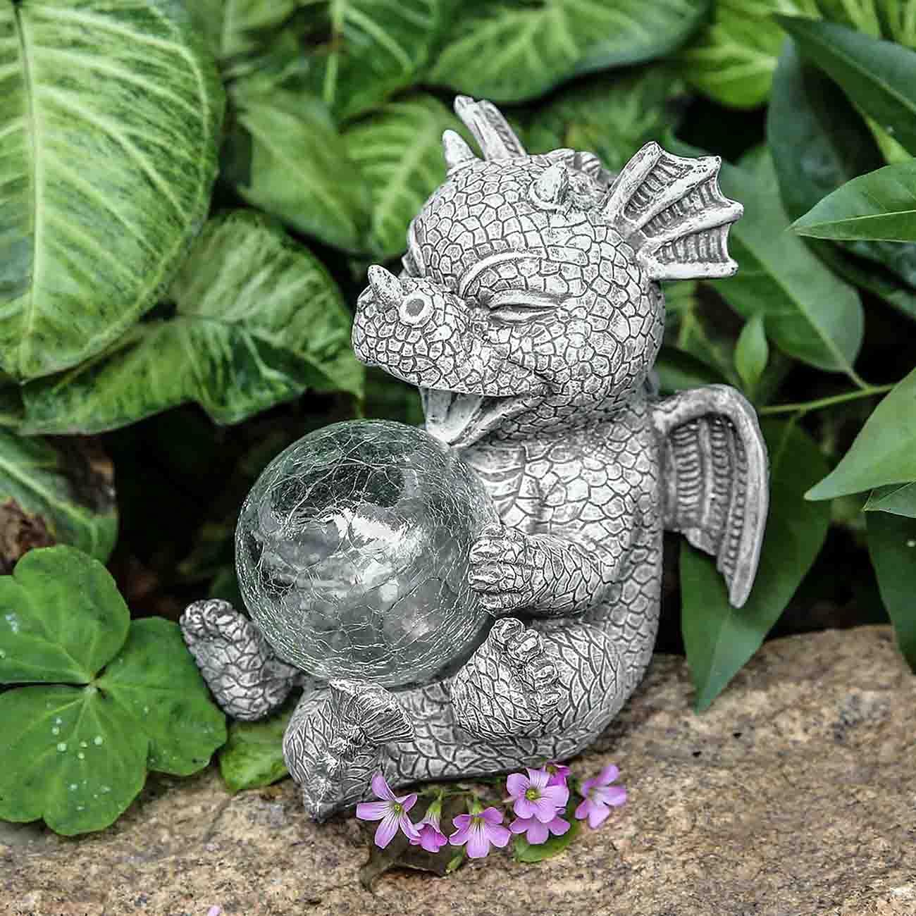 Garden Dragon Statue Solar Powered Outdoor Figurine Light Decor Cute and Hold Glowing Glass Ball Resin Sculpture Home Decoration for Porch Patio Lawn Farm Yard Housewarming Ornament Gift