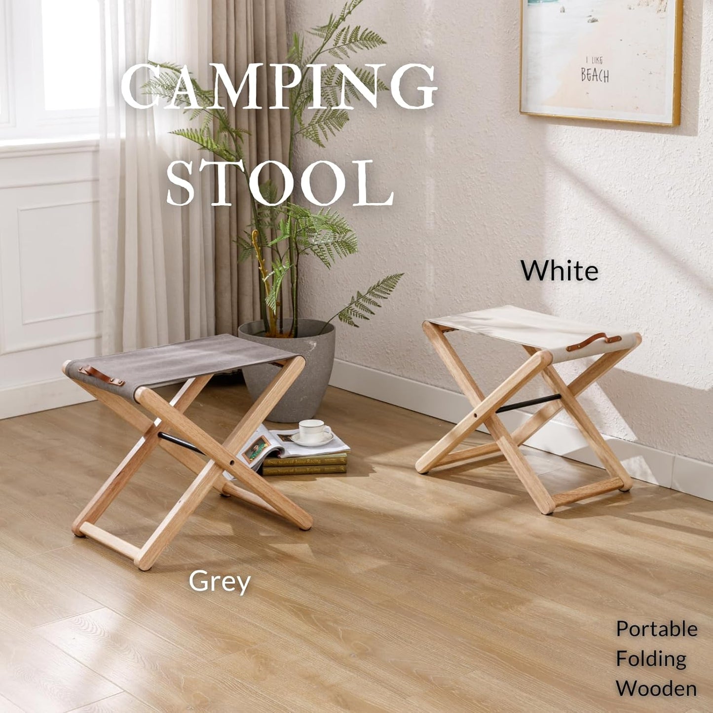 Folding Canvas Camp Stools Set of 6, Wood Folding Camping Stool Patio Portable Foot Stool for Garden Outdoor Fishing Picnic Travel BBQ, Grey