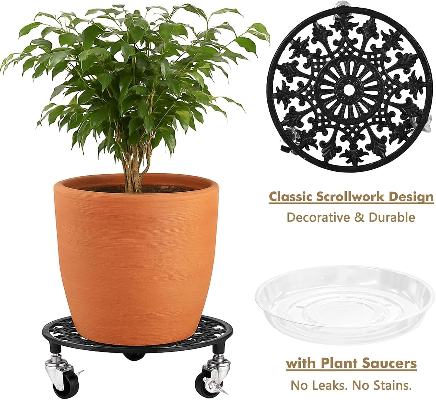 2 Pack Plant Caddy with Wheels 11 Inch Rolling Plant Stand for Large Plants Heavy Duty Plant Rollers Metal Plant Dolly Rustproof Planter Stand Wrought Iron Plant Stands Flower Cart Indoor Outdoor