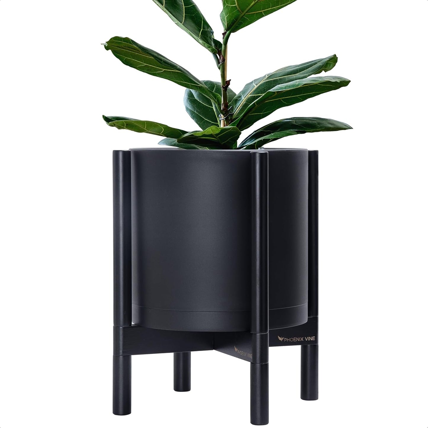 D'vine Dev Planter Pot with Stand - 12 Inch Plastic Cylinder Flower Pot with Wood Planter Holder for Indoor, Matte Black Pot + Ebony Stand, 55-C-Q-2