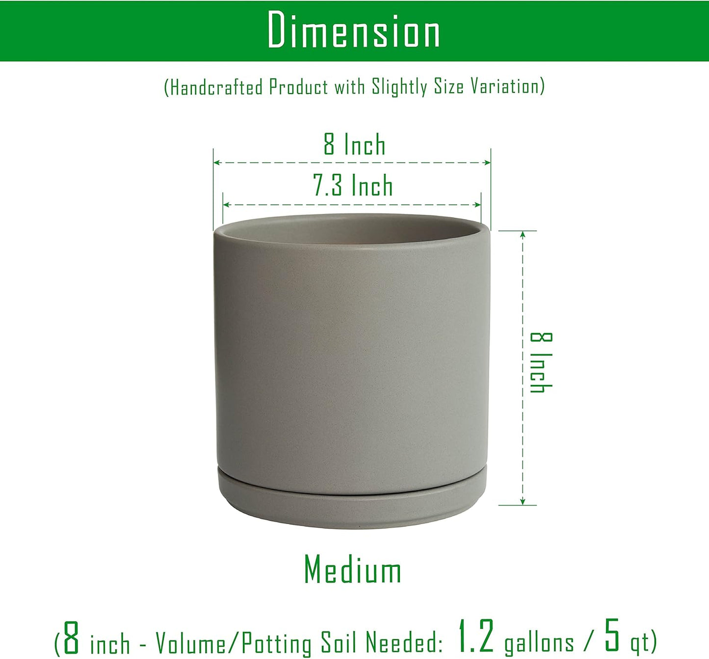 D'vine Dev 8 Inch Ceramic Planter Pot with Drainage Hole and Saucer, Indoor Cylinder Round Planter Pot, Grey, 94-O-D-3