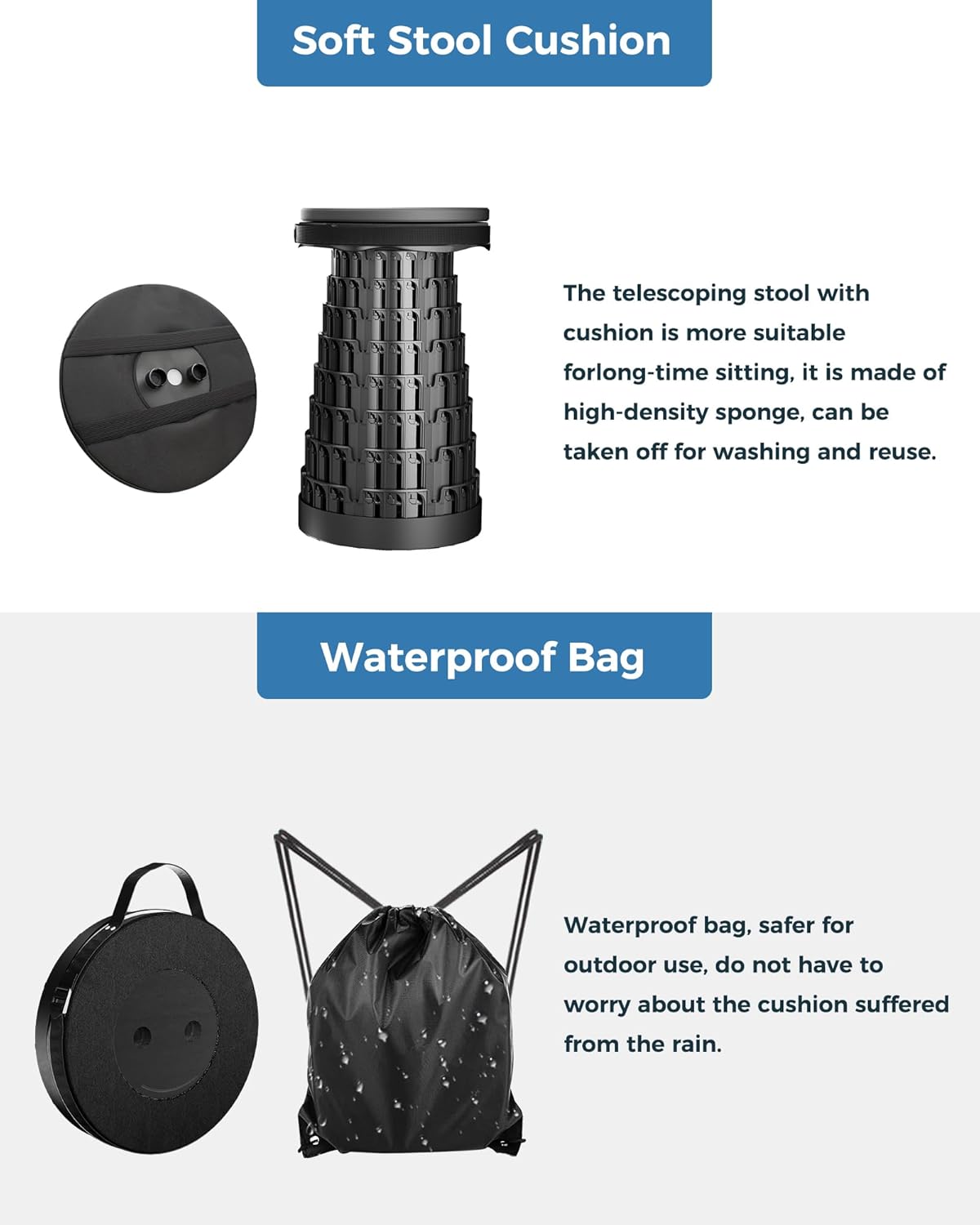 2PCS Upgraded Collapsible Stool with Removable Cushion & Waterproof Carry Bag - Portable Folding Stool for Adults, Camping, Fishing, Hiking - Lightweight Yet Sturdy Max 400lbs