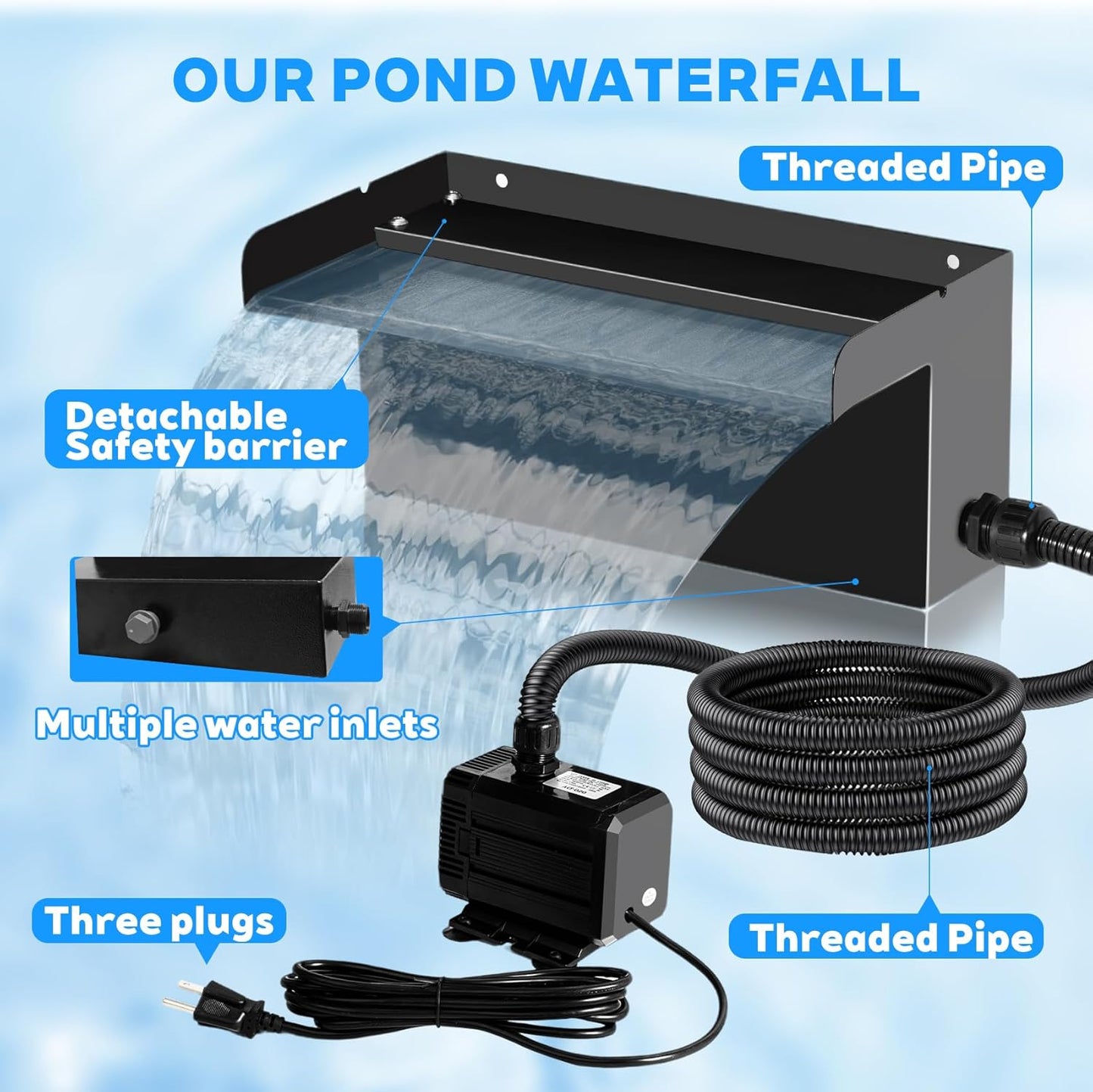 Upgraded Outdoor Pond Waterfall Kit with 50W Pump - 825 GPH Water Flow, 12.2 Inch Adjustable Waterfall Spillway & Extra Long Hose for Garden Ponds, Backyard Water Features