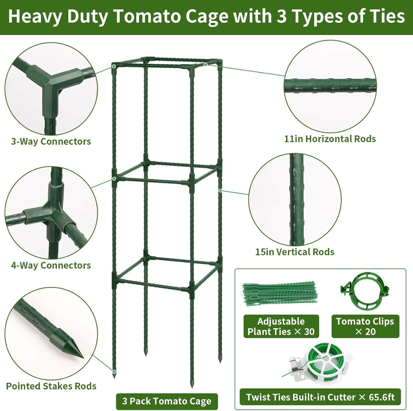 3 Pack 48" Tomato Cage for Garden, Heavy Duty Adjustable Plastic Coated Steel Pipe Tomato Stakes Trellis Plant Cages for Vegetable, Fruit, Flower, Rose Vine Climbing Plants