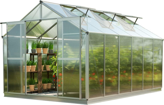 Greenhouse Topas 6 Aluminum Frame 7.4 x 12.6 ft Approx. 8 mm Polycarbonate Panels - with Bonus Base Frame and Automatic Vent Opener