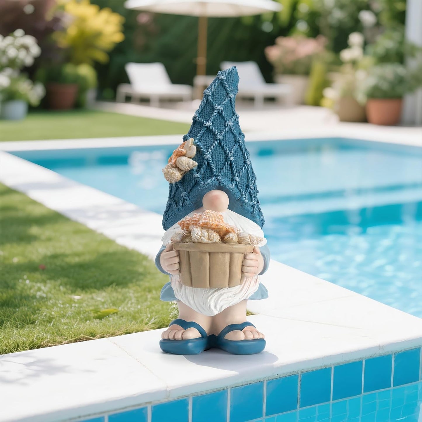 Garden Sea Gnome Statue Decoration Indoor Outdoor Resin Beach Gnome Sculpture for Home Office Desktop Bathroom, Summer Pool Decoration Outdoor Gifts (Conch)