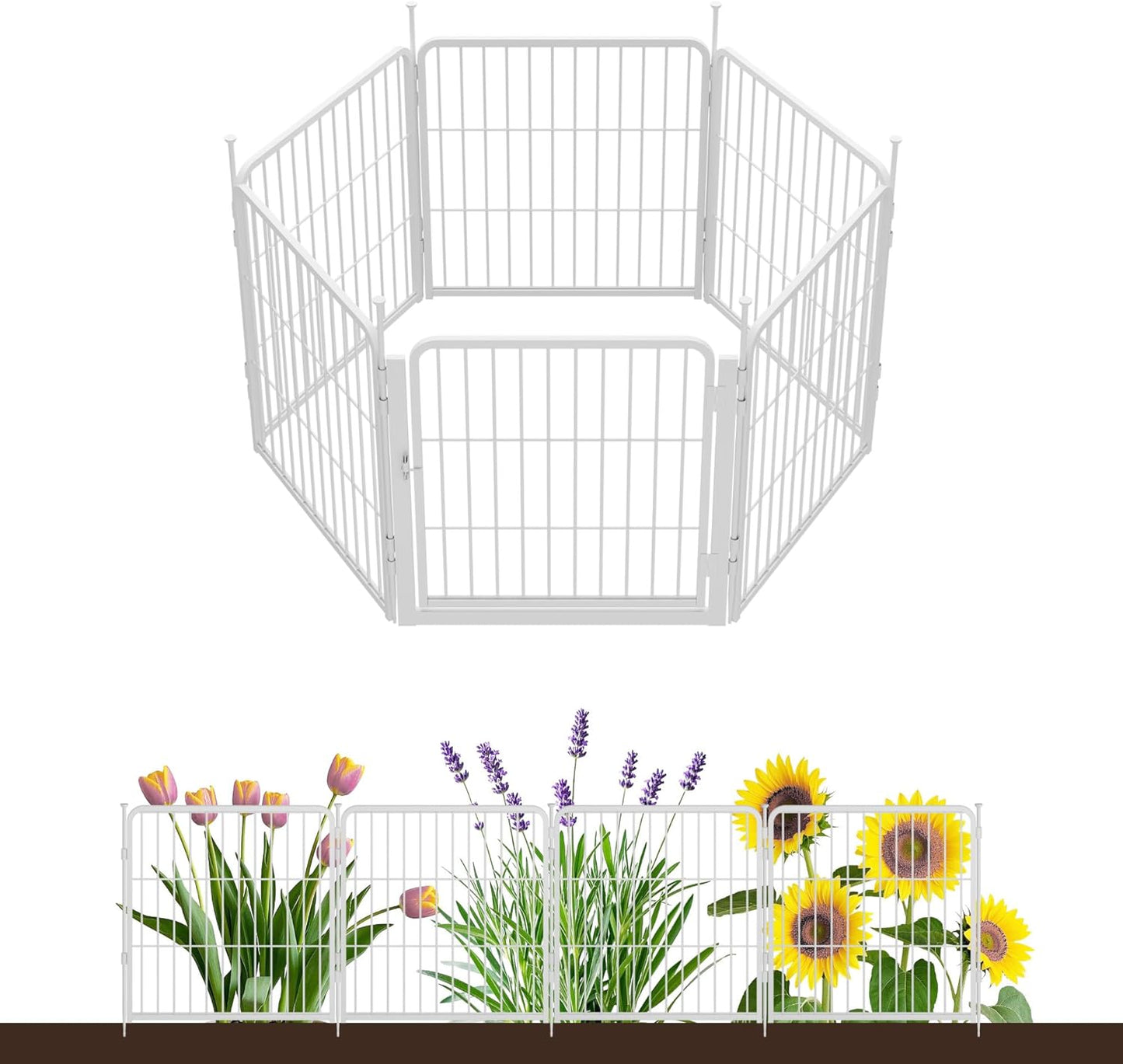 Garden Fence with Gate 24 in(H) x 11.1 ft(L) 6 Panels, Heavy Duty Metal Animal Barrier for Dog and Rabbit, Outdoor Fencing, Easy Set Up, White