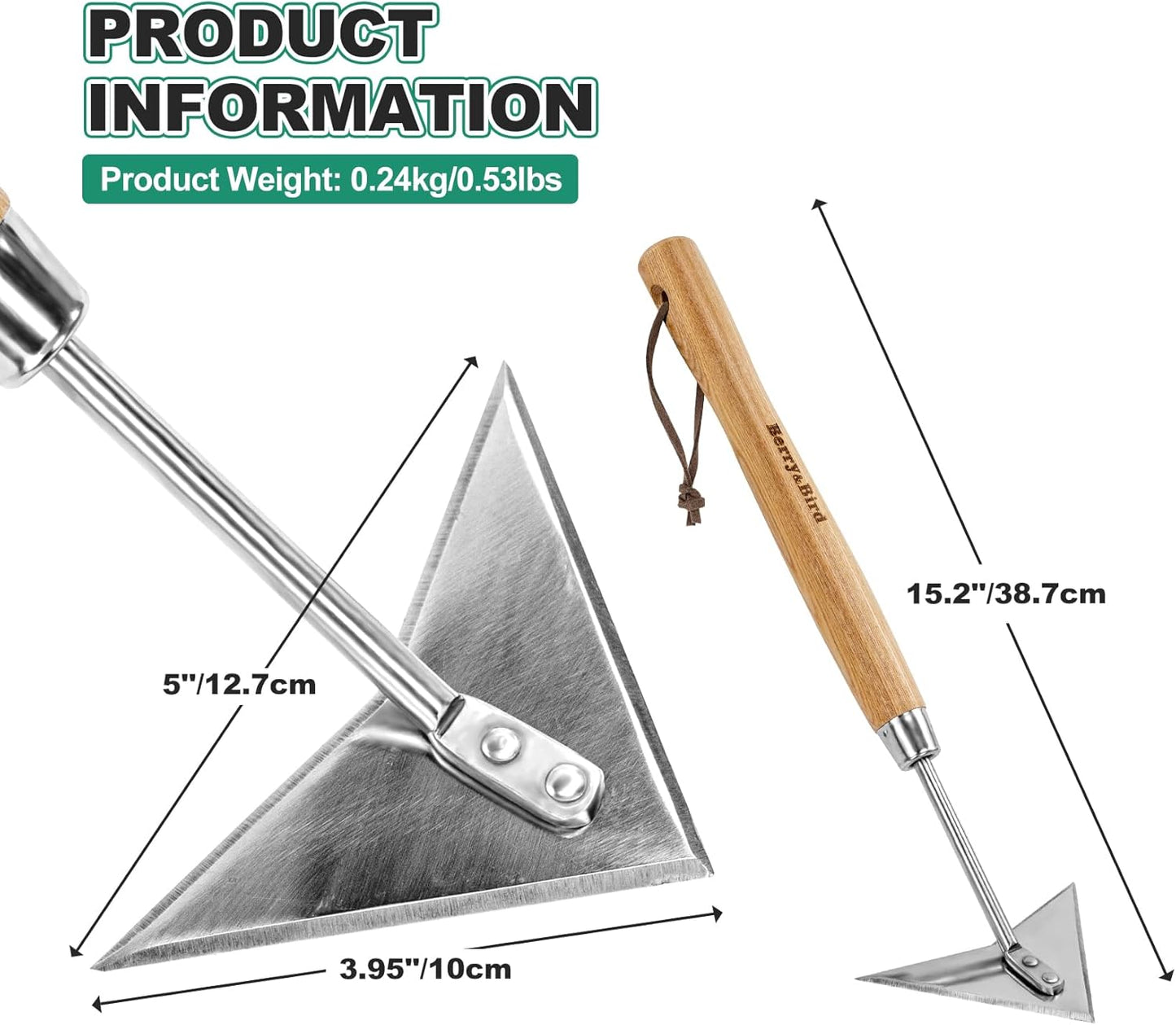 Berry&Bird Triangle Hand Hoe, 15.2'' Winged Weeder Garden Hoes with Short Wood Handle, Gardener Stainless Steel Warren Hoe, Garden Weeder Hoe Tool for Quickly Weeding, Edging and Gardening Tools