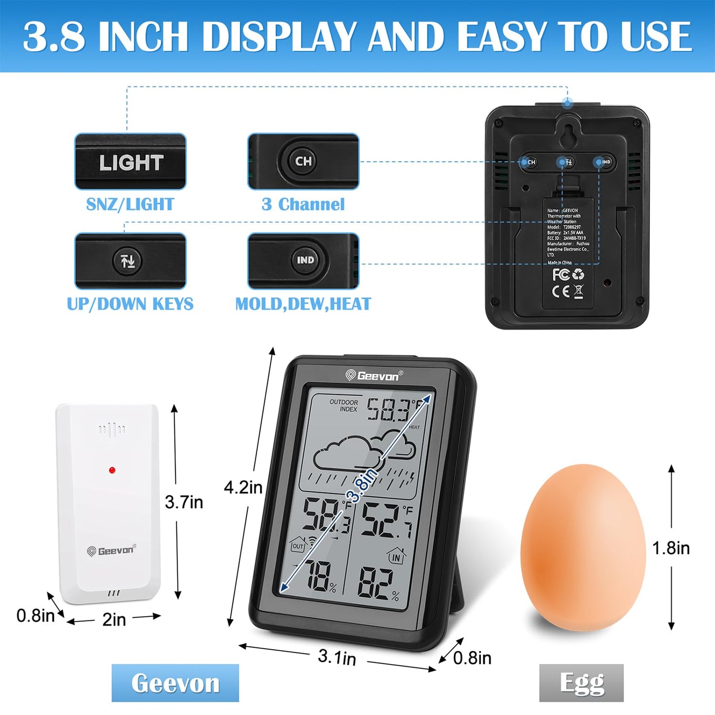 Geevon Indoor Outdoor Thermometer Wireless 200ft/60m, Digital Temperature Humidity Monitor with Large Display, Hygrometer with Weather, 3 Channel, Mold/Dew/Heat, 10s Backlight