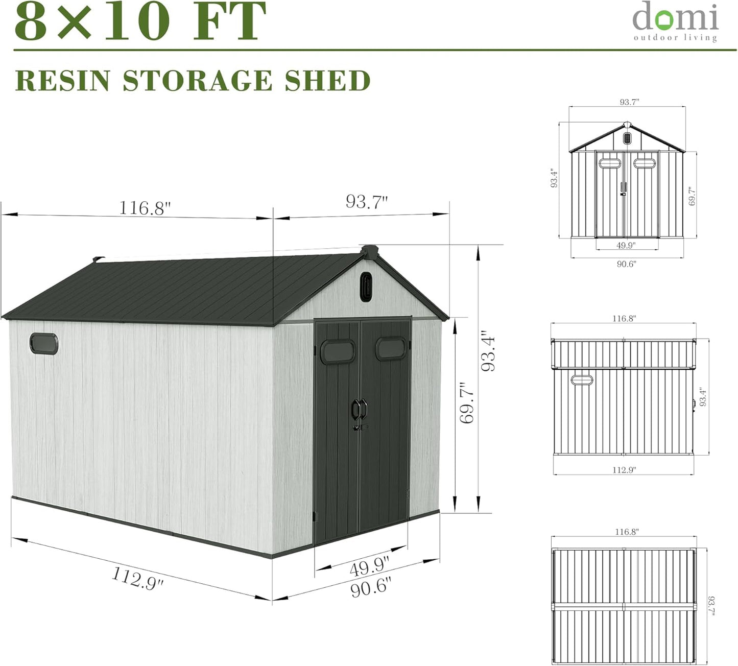 Domi 8x10FT Outdoor Resin Storage Shed with Transparent Windows & Louvered Vents, Plastic Tool Shed with Double Lockable Doors & Gable Roof, Outside Garden Shed for Backyard, Patio, Lawn, Grey