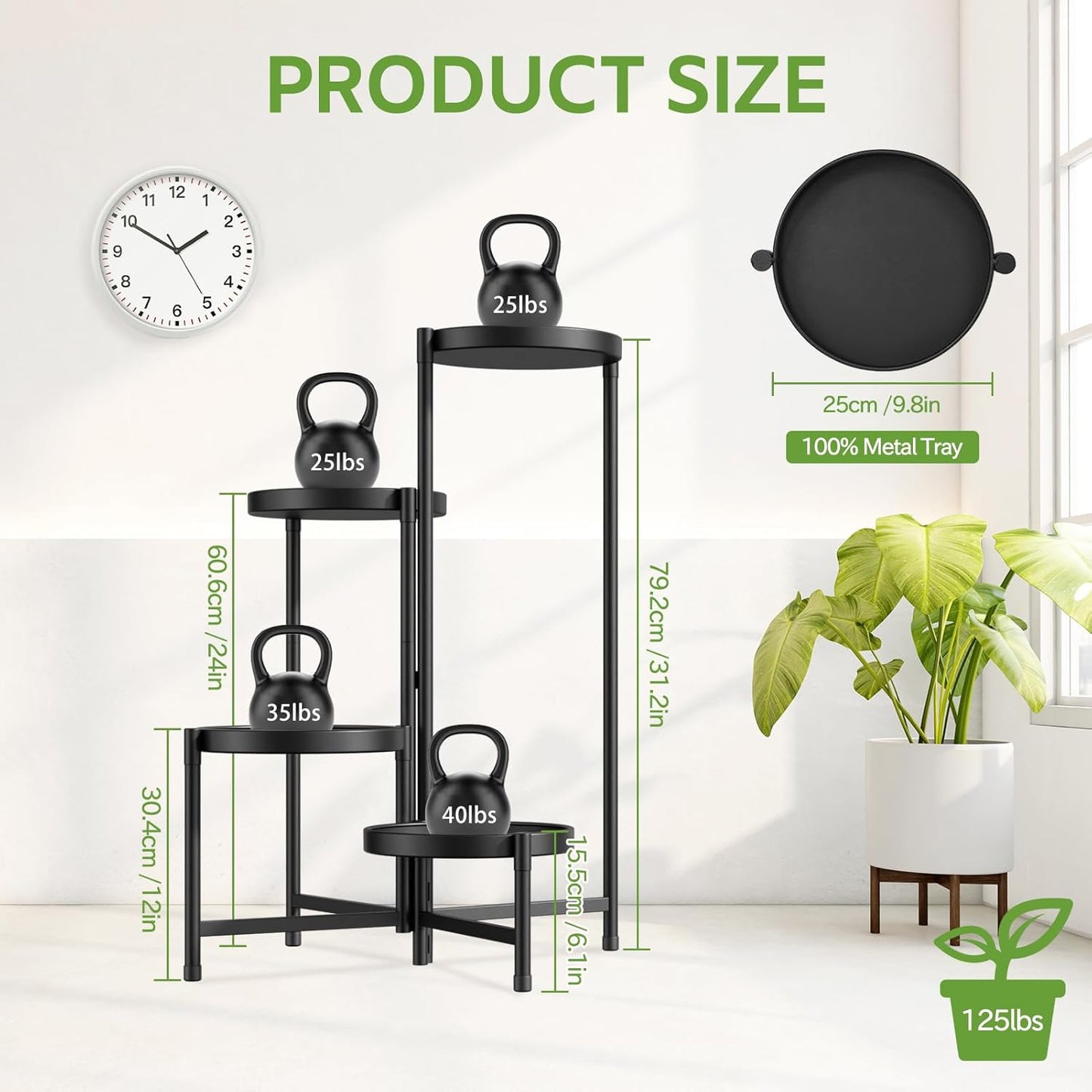 iDavosic.ly 4 Tier Large Plant Stand Indoor with 10 Inch Wide Tray, Tiered Corner Metal Outdoor Flower Display Holder Shelf, Folding Tall Rack for Patio Porch Living Room, Modern Black