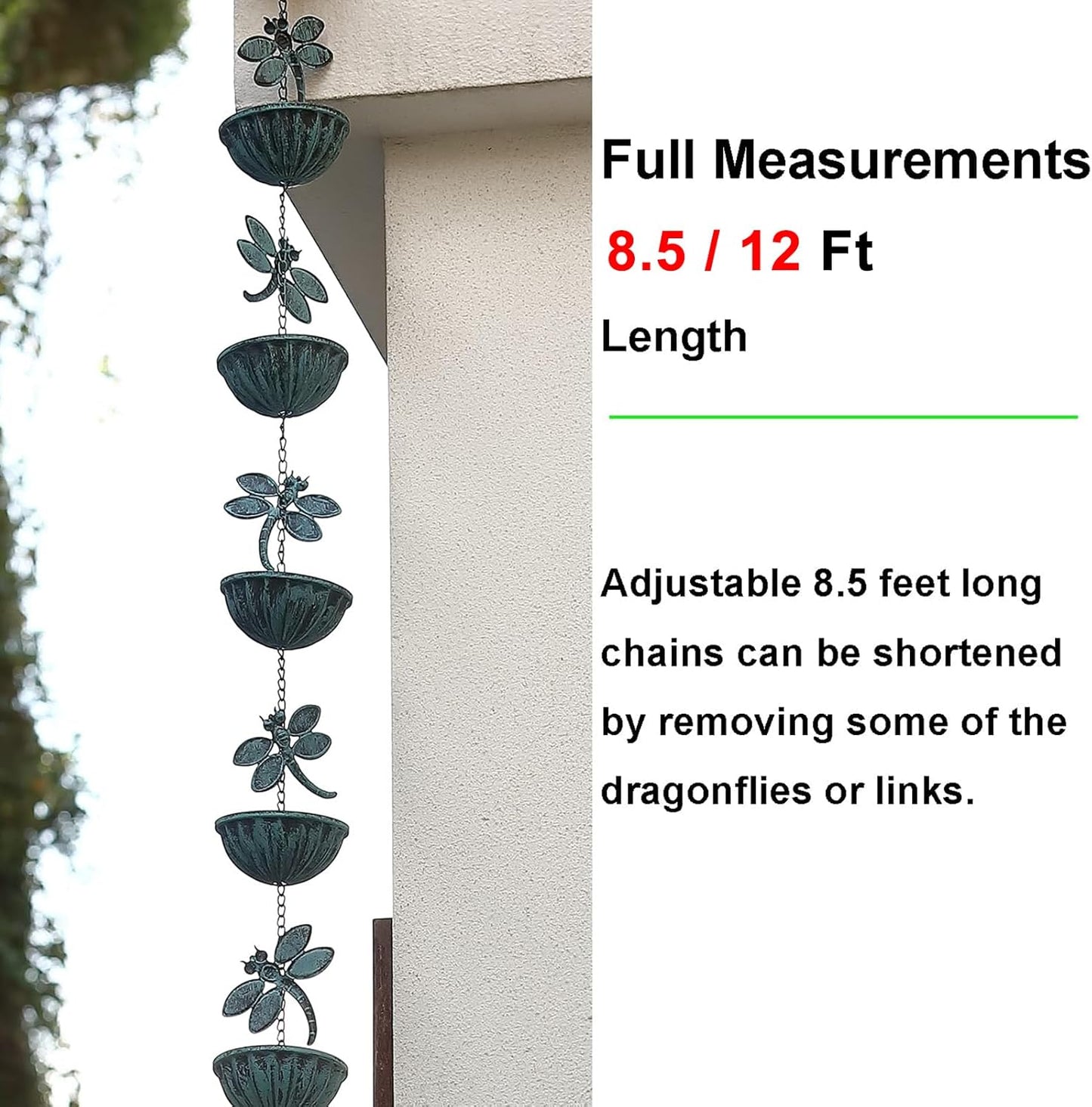 Iron Dragonfly Rain Chain for Gutters, 8.5-Feet Length, Distressed Blue