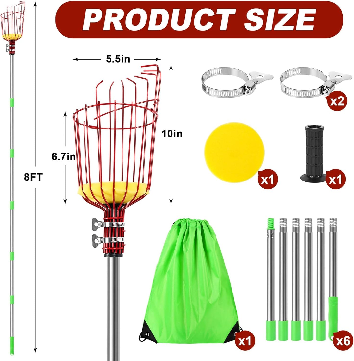 8 FT Fruit Picker Pole with Basket, Adjustable Fruits Picker Catcher Tool for Apple Mango Avocado Lemon Fig Citrus Orange Fruit Picker