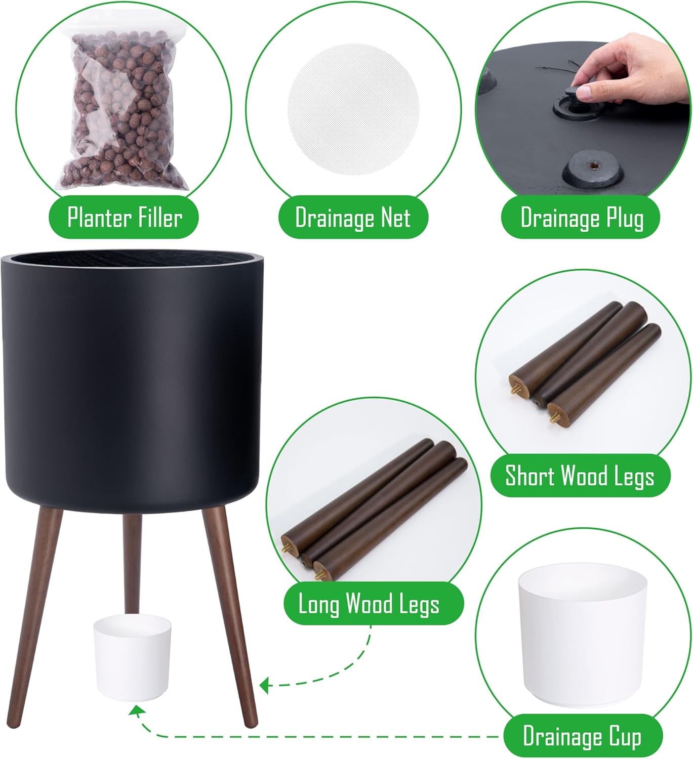 D'vine Dev 16 Inch Planter Pot with Stand, Mid-Century Tall Plant Pot with Legs for Indoor Plants, XX-Large, Black, 88-O-E-2