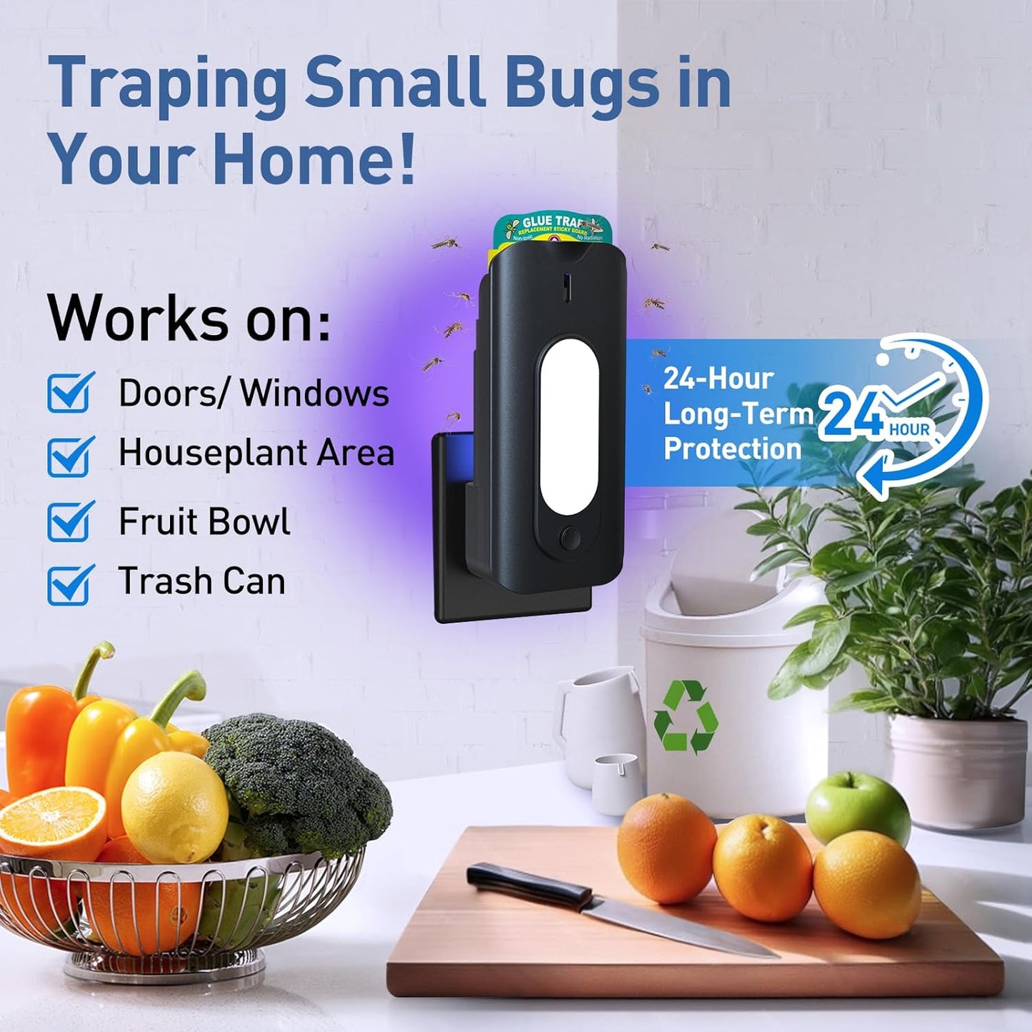 Fruit Fly Trap for Indoors-2PCS, 2 in 1 Fly Trap Indoor with Night Light for Home with 20 Refills, Gnat Traps for House Indoor, Plug-in Insect Trap for Gnats, Flies, Moths-Black