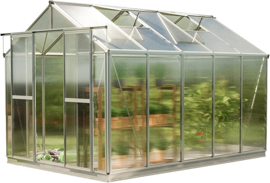 Greenhouse Saphir 5 Aluminum Frame 8.5 x 10.6 ft Approx. 8 mm Polycarbonate Panels - with Bonus Base Frame and Automatic Vent Opener