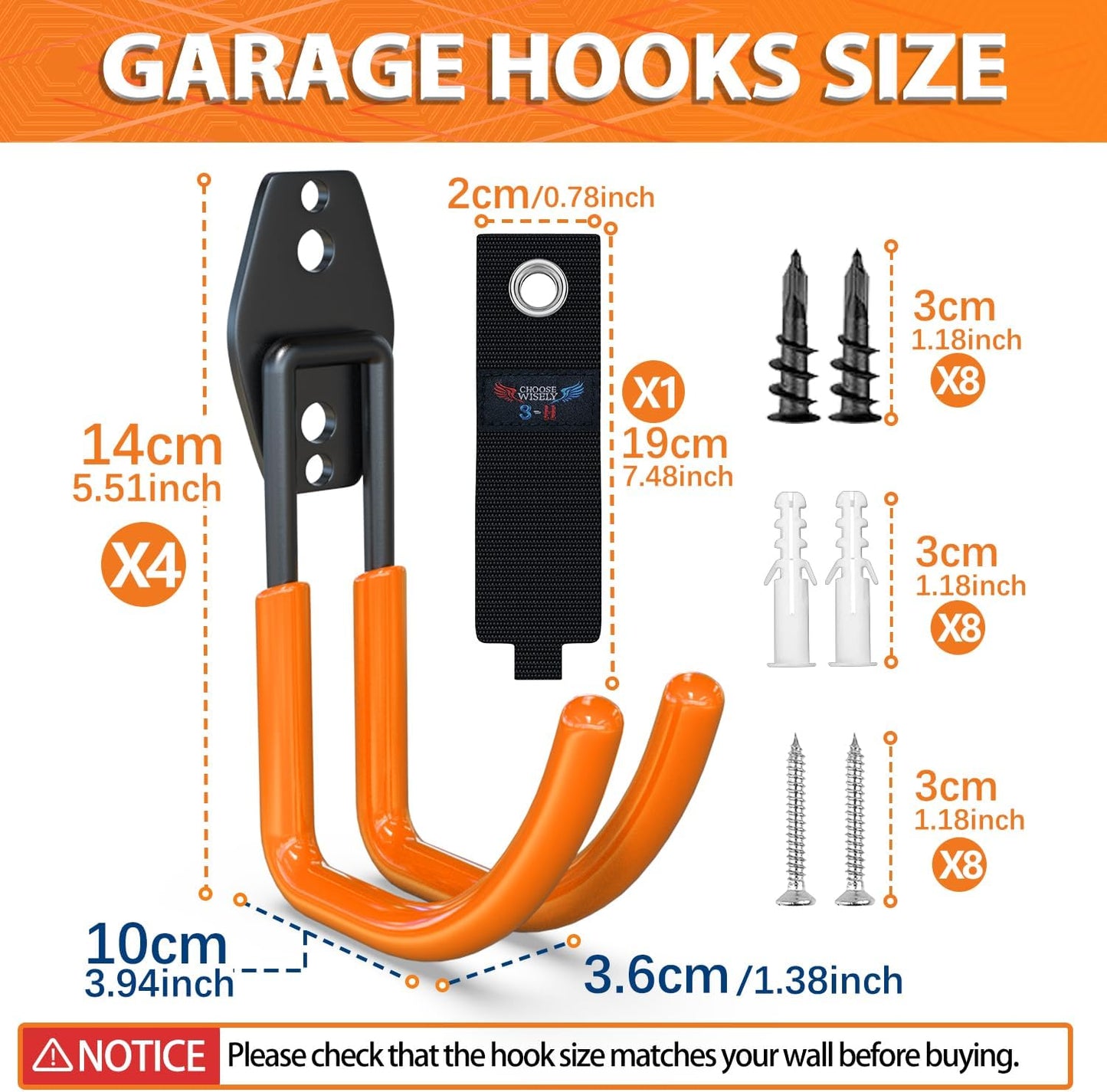 3-H Garden Hose Holder Wall Mount 4 Pack,Solid Steel Hose Hanger,Water Hose Holders for Outside,Perfect for Hanging Outdoor Air Hose,Ropes,Pipes,Garden Tools,Ladders,Bikes,Bulk Items(Orange)