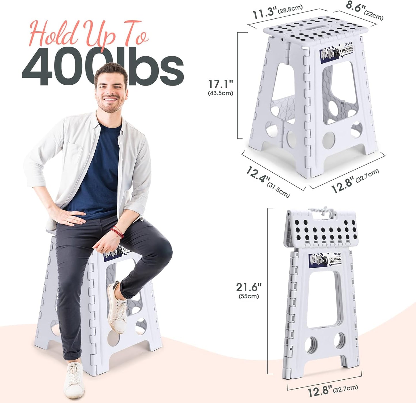 Delxo Folding Step Stool 17.5 Inch White Step Stools for Kids Foldable,Portable Collapsible Step Stool with Handle, Folding Stool for Kitchen Bathroom,Bedroom,Garden