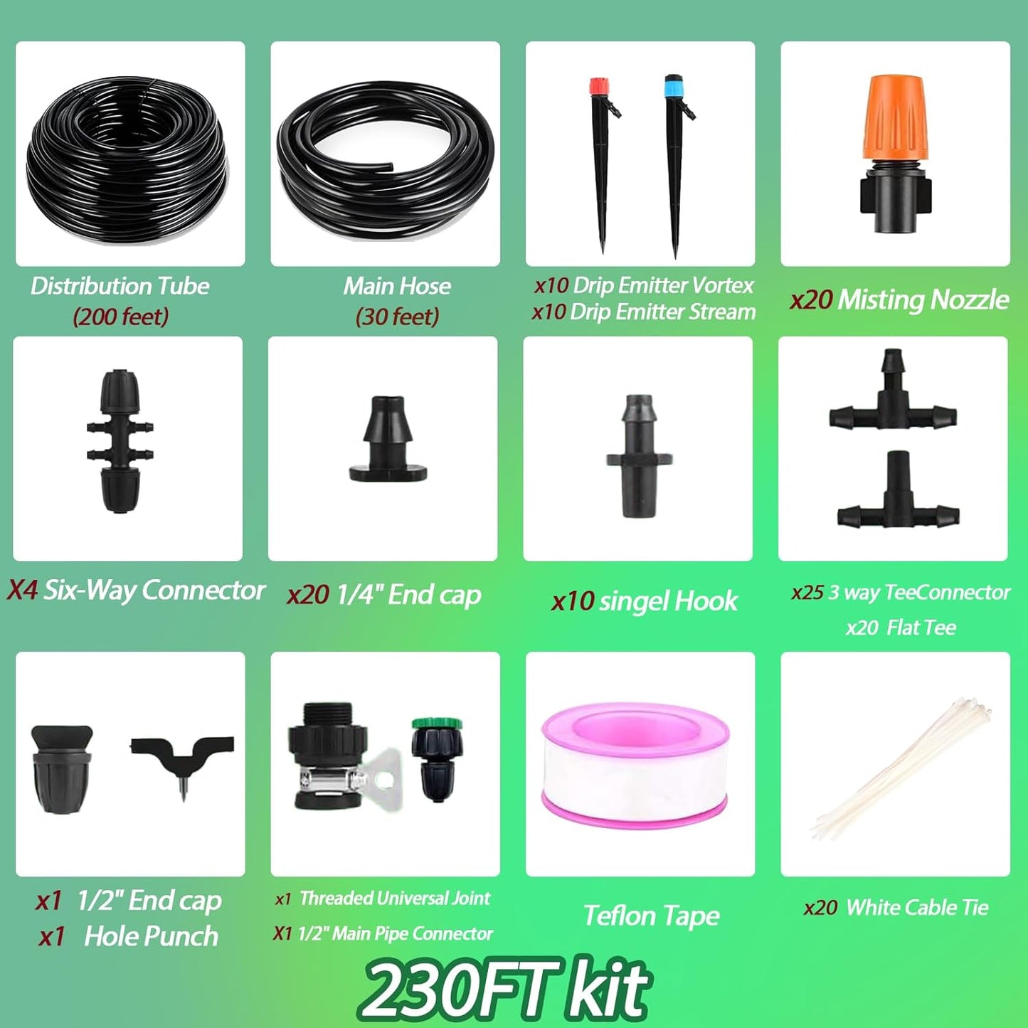 Drip Irrigation System - Irrigation System for Garden w/ 1/4" & 1/2" Fast-Lock Tubing - Adjustable Nozzles & Sprinklers Garden Watering System (230FT Kits)