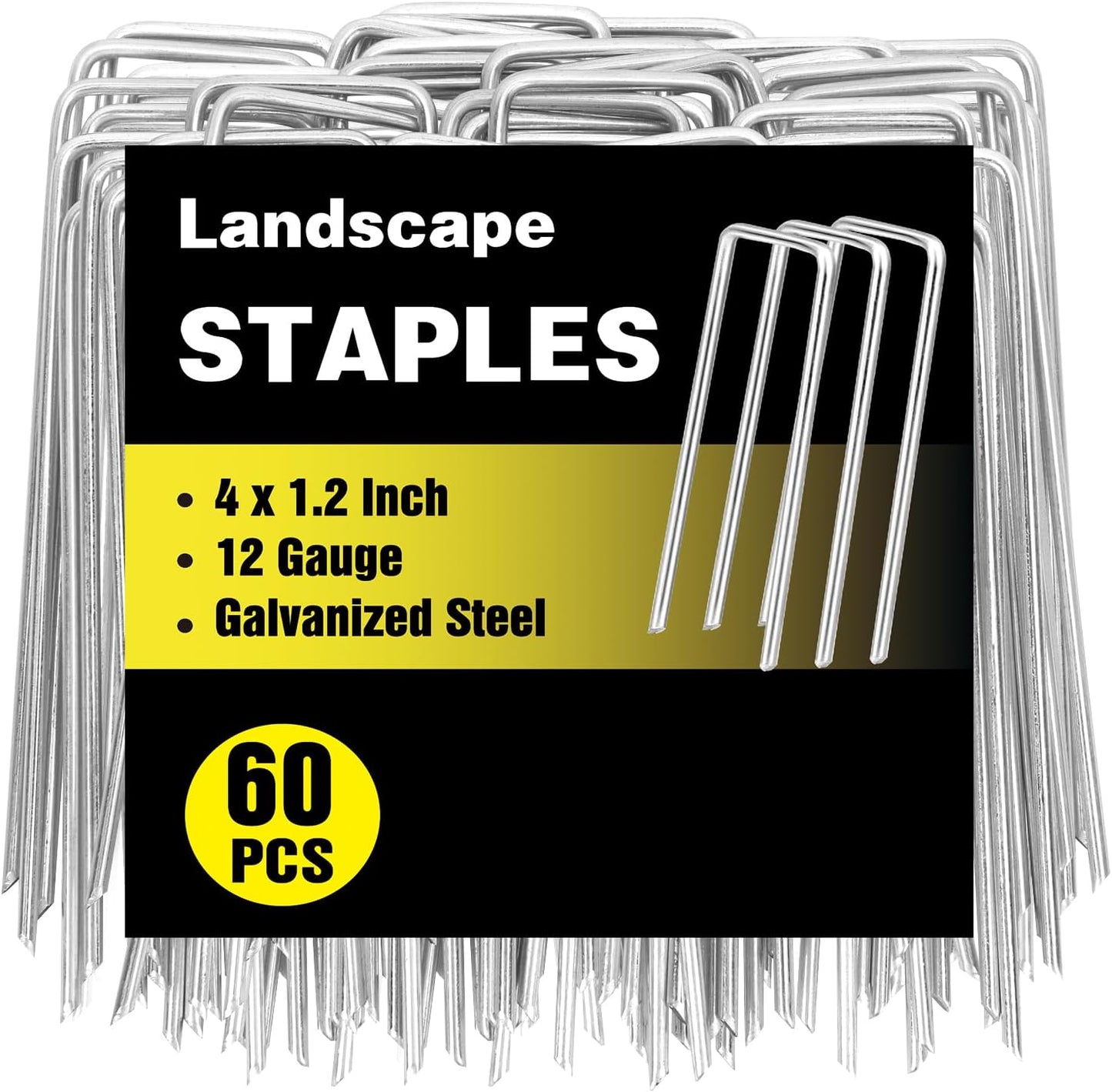 HongWay 60 Pack 4 Inch Landscape Staples, Garden Staples 12 Gauge Galvanized Ground Stakes Lawn Yard Staples SOD U-Shaped Pins for Gardening Irrigation Tubing Landscaping Fabric