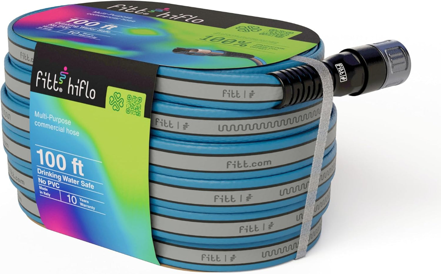 FITT HiFlo Water Hose 100ft, Multipurpose Flat Garden Hose, Easy to Use and Long-lasting Performance, Grey