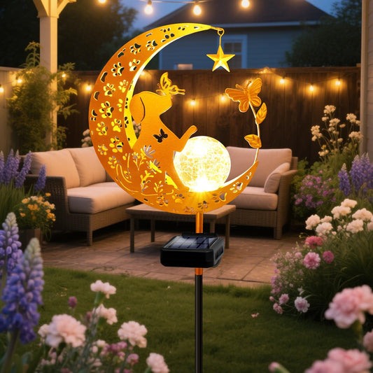 YJFWAL Garden Solar Dog Lights Pathway Stake Lights Glass Globe with Moon Dog Decor, Gifts for Mom Grandma Friends, Outdoor Decor Light Waterproof for Walkway, Yard, Patio or Garden (Warm White)
