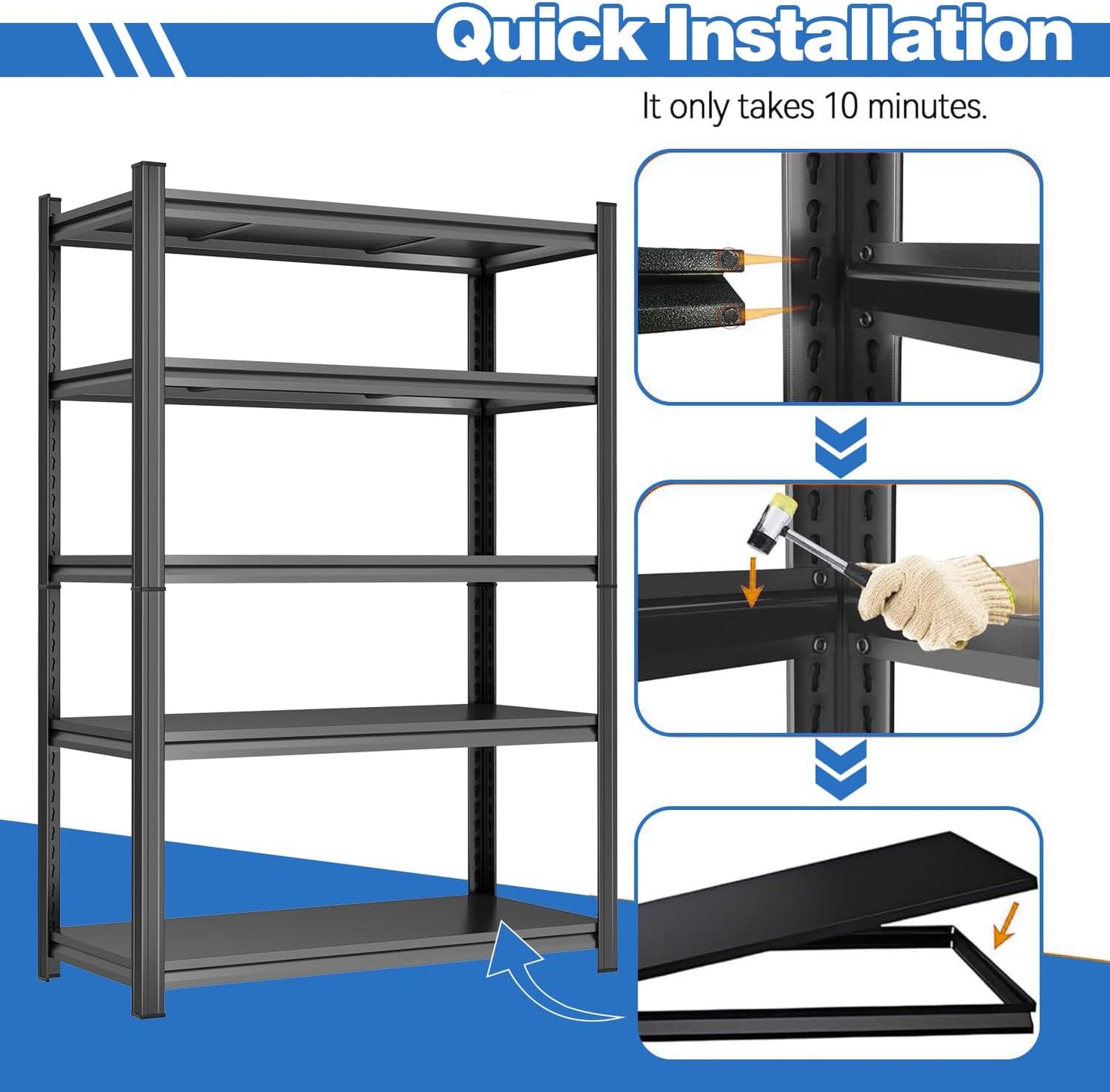 47" W Garage Shelving 3000LBS Storage Shelves 5 Tier Adjustable Metal Shelving Unit Garage Storage Shelves Heavy Duty for Basement, Warehouse, Commercial Black