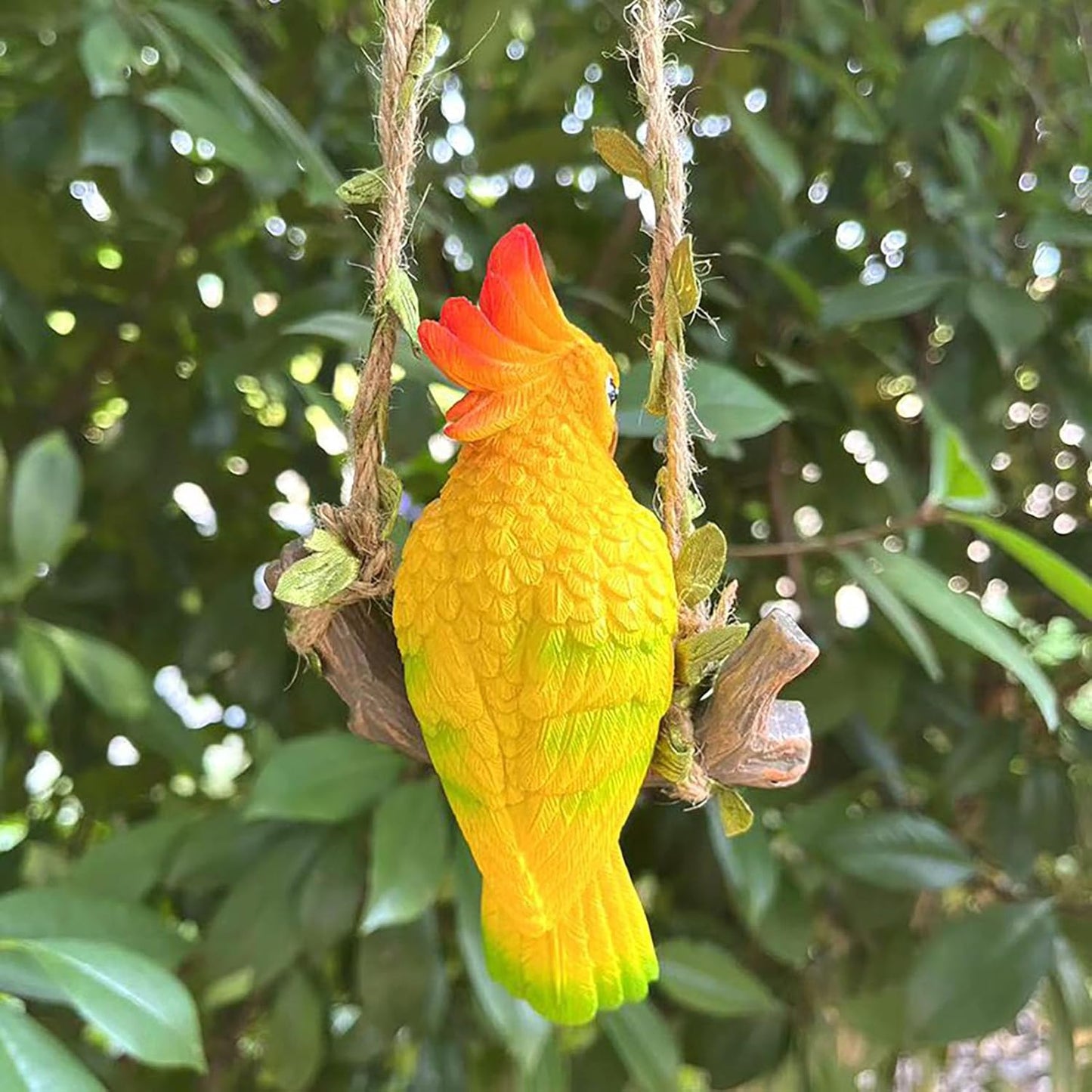 Resin Parrot Hanging Garden Decor Swing Figurine Ornaments, Outdoor Hanging Bird Sculpture Decor Perfect for Patio, Lawn, Gardens, Balconies, Indoor and Outdoor Spaces Yellow & Green Tail