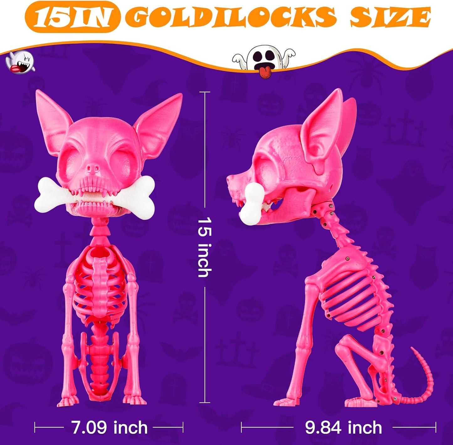 Quntis Halloween Skeleton Dog Decor - 15inch Pink Cute Puppy Bones - Realistic ABS Animal Skeleton for Outdoor Indoor Graveyard Party Display, 2025 Showstopper Halloween Decorations