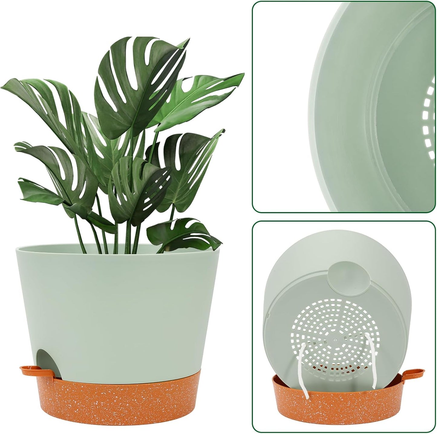 GARDIFE 12 inch Plant Pots, planters, Self Watering Pots, Large Plastic Flower pots with Deep Reservior and High Drainage Holes for Indoor Outdoor Plants and Flowers, Green