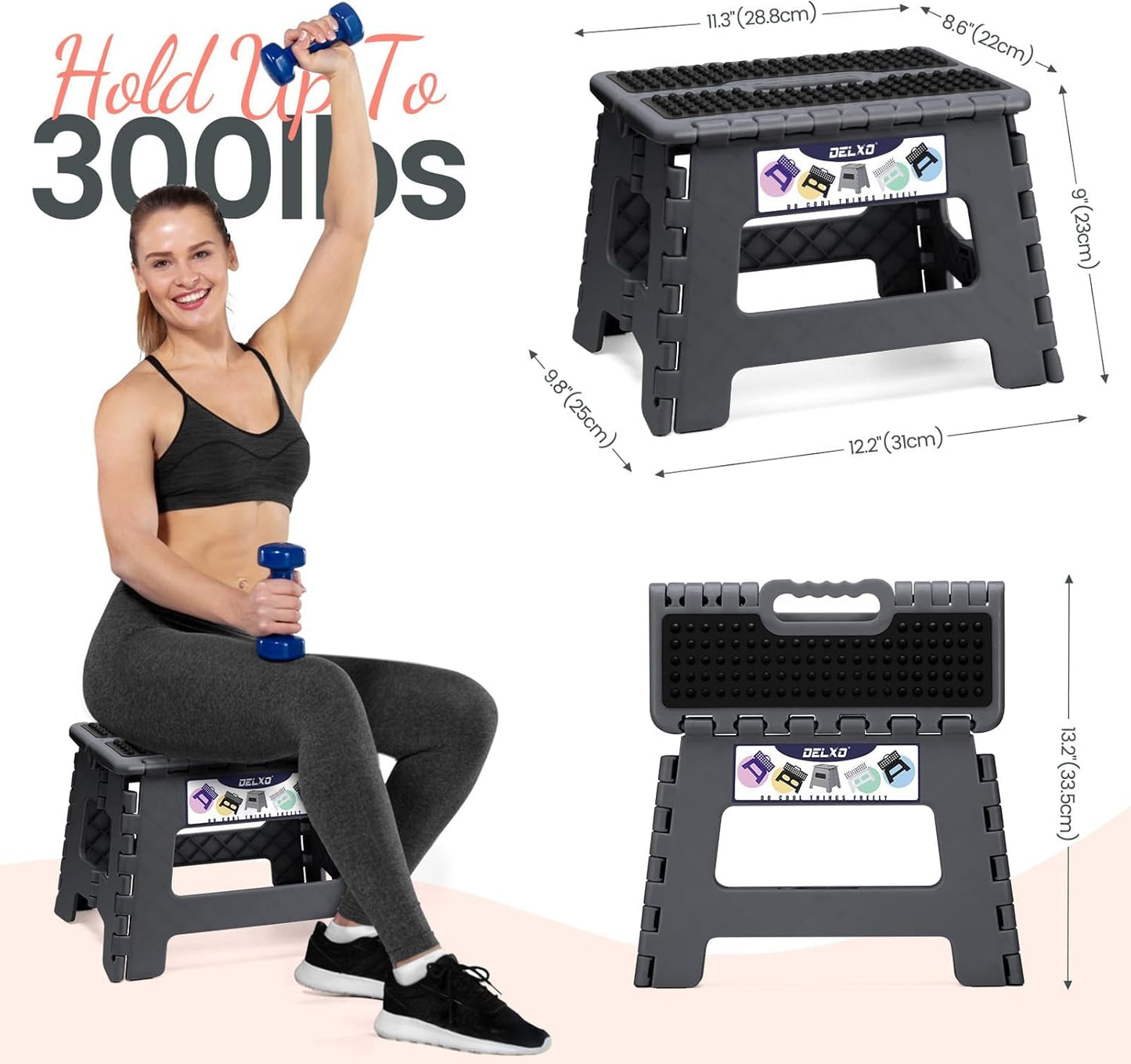 Delxo Folding Step Stool 9 Inch,Non-Slip Foldable Stools for Kids & Adults Up to 300 LBS,Kitchen Collapsible Fold Up Stepping Stool with Dotted 1 Pack,Gray