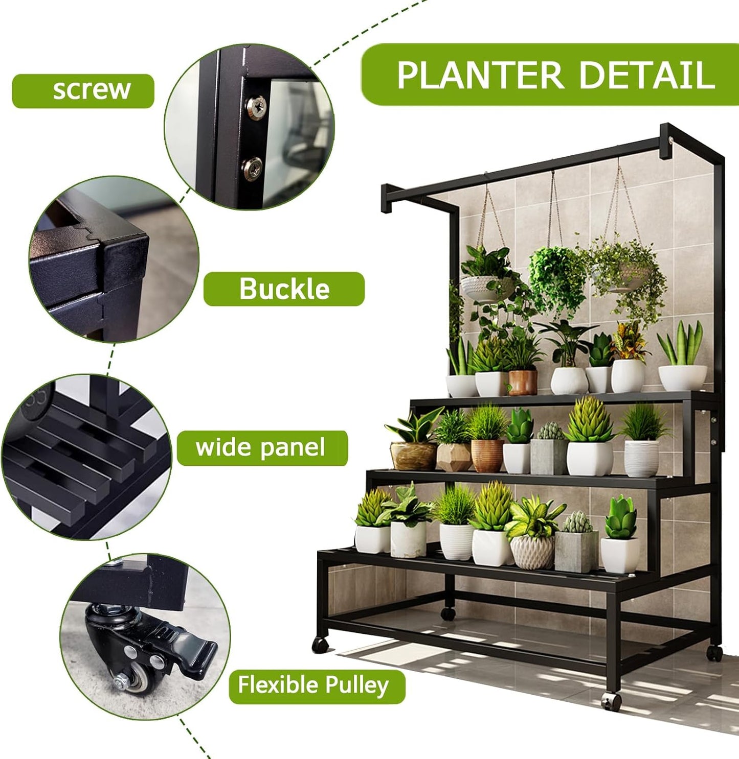 3 Tier Large Metal Plant Stand, with Hanging Tall Plant pot shelf, with Rollers Heavy Duty Plant Holder, for Home/Garden/living room/balcony (BLACK, 31.5IN)