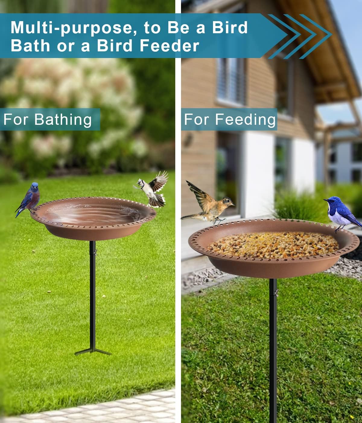 Koutemie 1-¼ Gallon Detachable Free Standing Garden Bird Bath Bird Feeder Bowl with Metal Stake for Outdoor, Deep Brown, 29 Inch