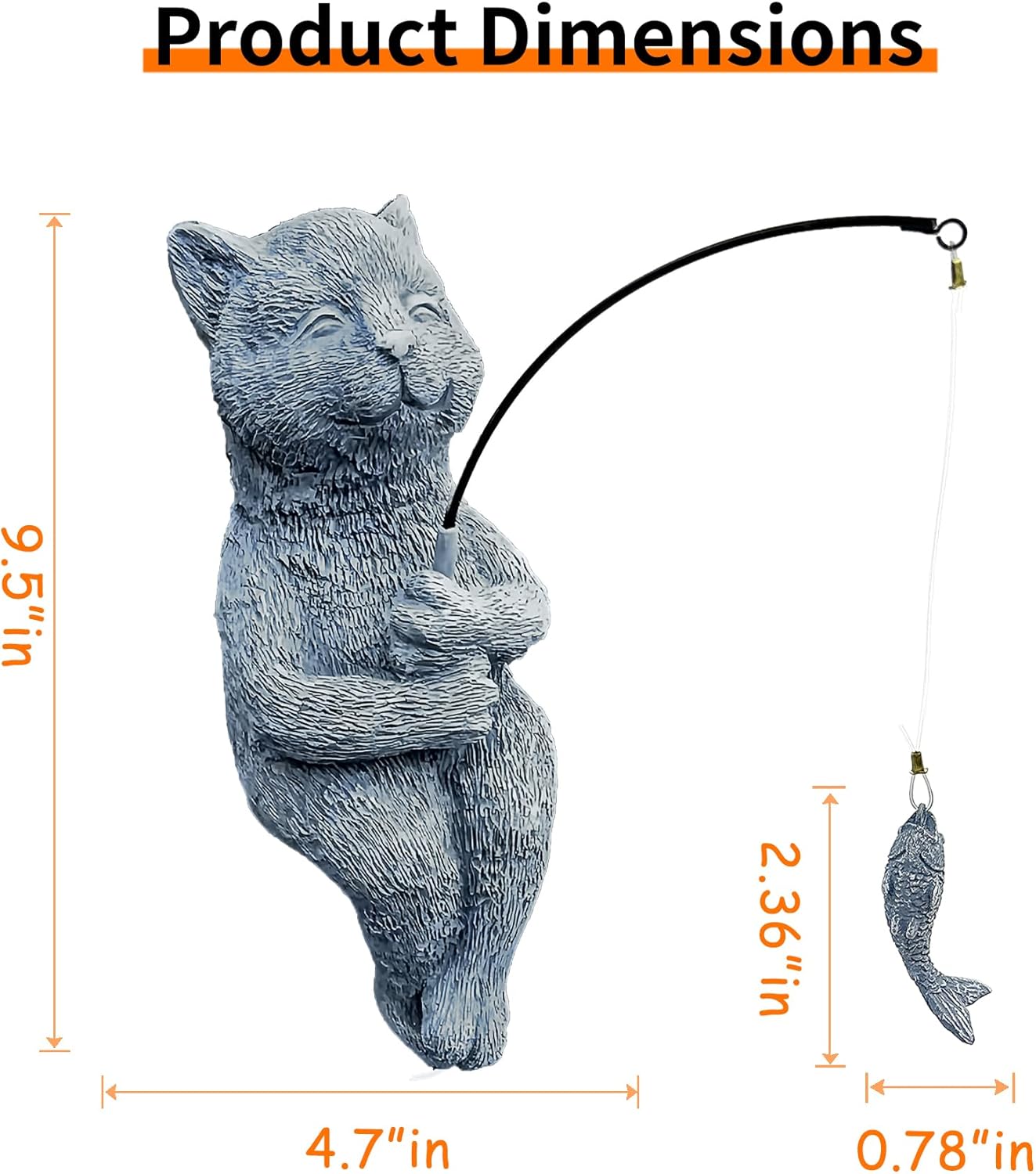 9.5" Cat Fishing Stone Look Sculpture, Whimsical Lawn Yard Art, Funny Garden Pond Fisherman Statue, Resin Animal Decorative Figurine, Cute Outdoor Ornament, for Cat Fishing Lovers